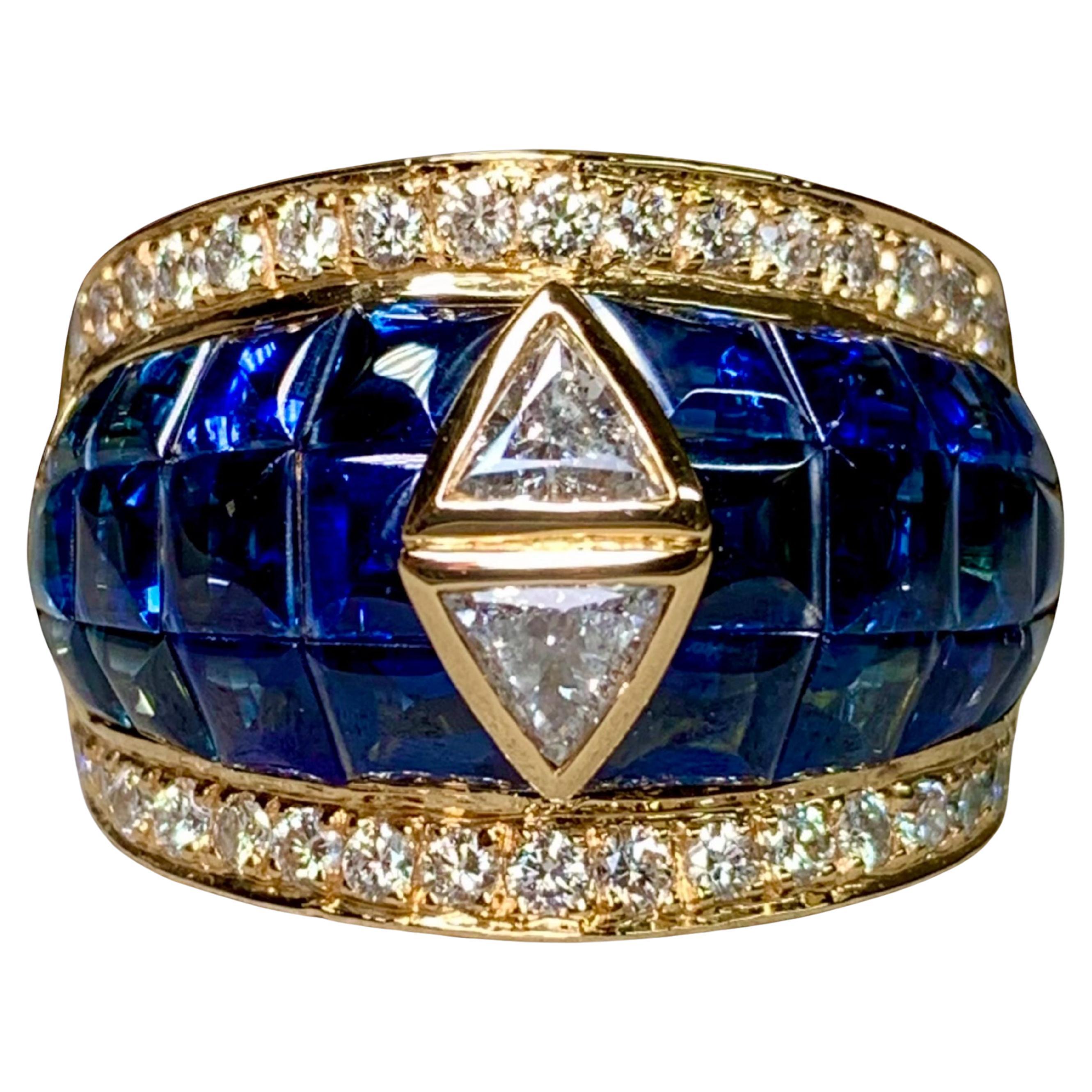 18K Invisible Set Buff Top Sapphire Trilliant Round Diamond Wide Cocktail Ring im Angebot