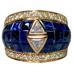 18K Invisible Set Buff Top Sapphire Trilliant Round Diamond Wide Cocktail Ring