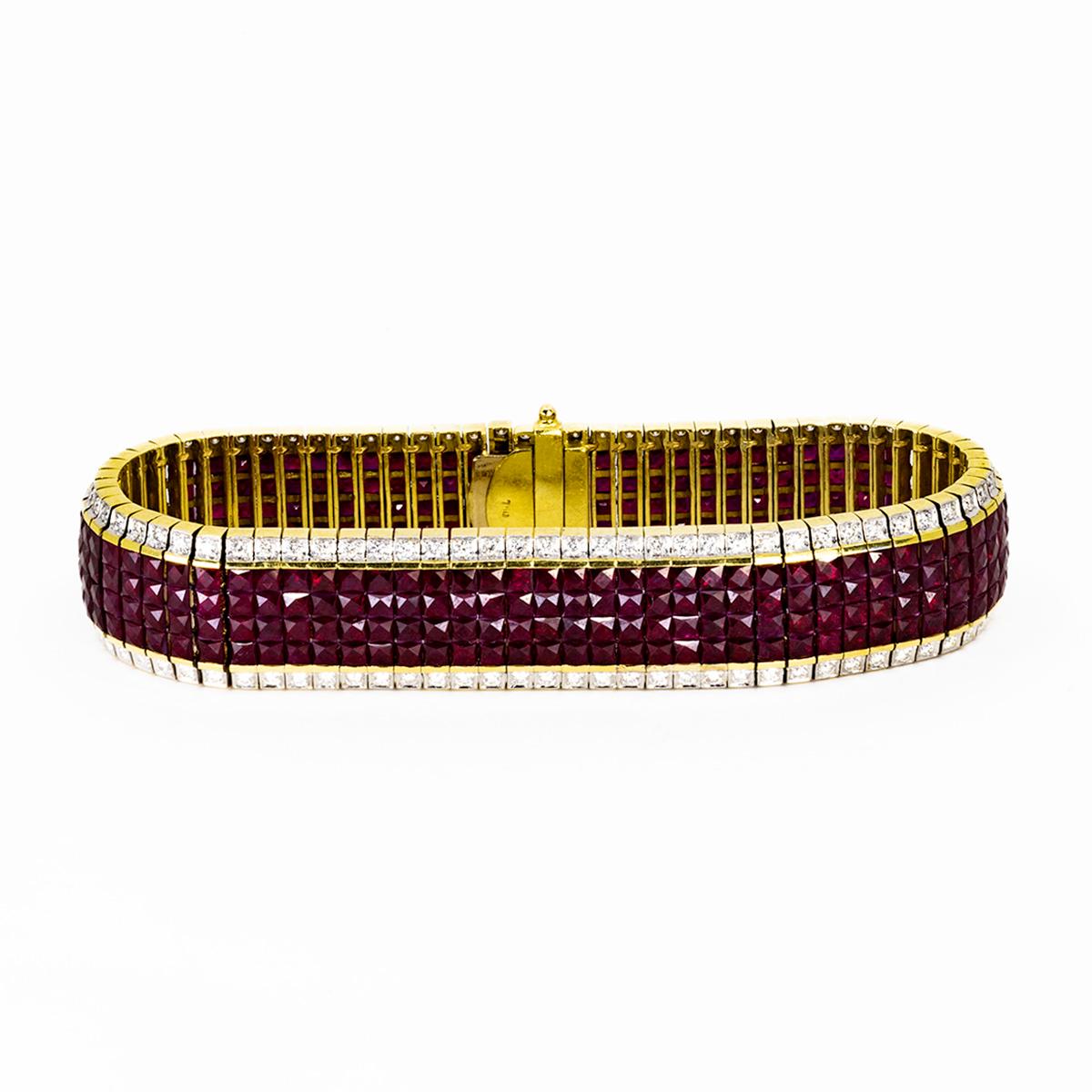Women's or Men's Invisibly Set 18k Ruby Bracelet For Sale