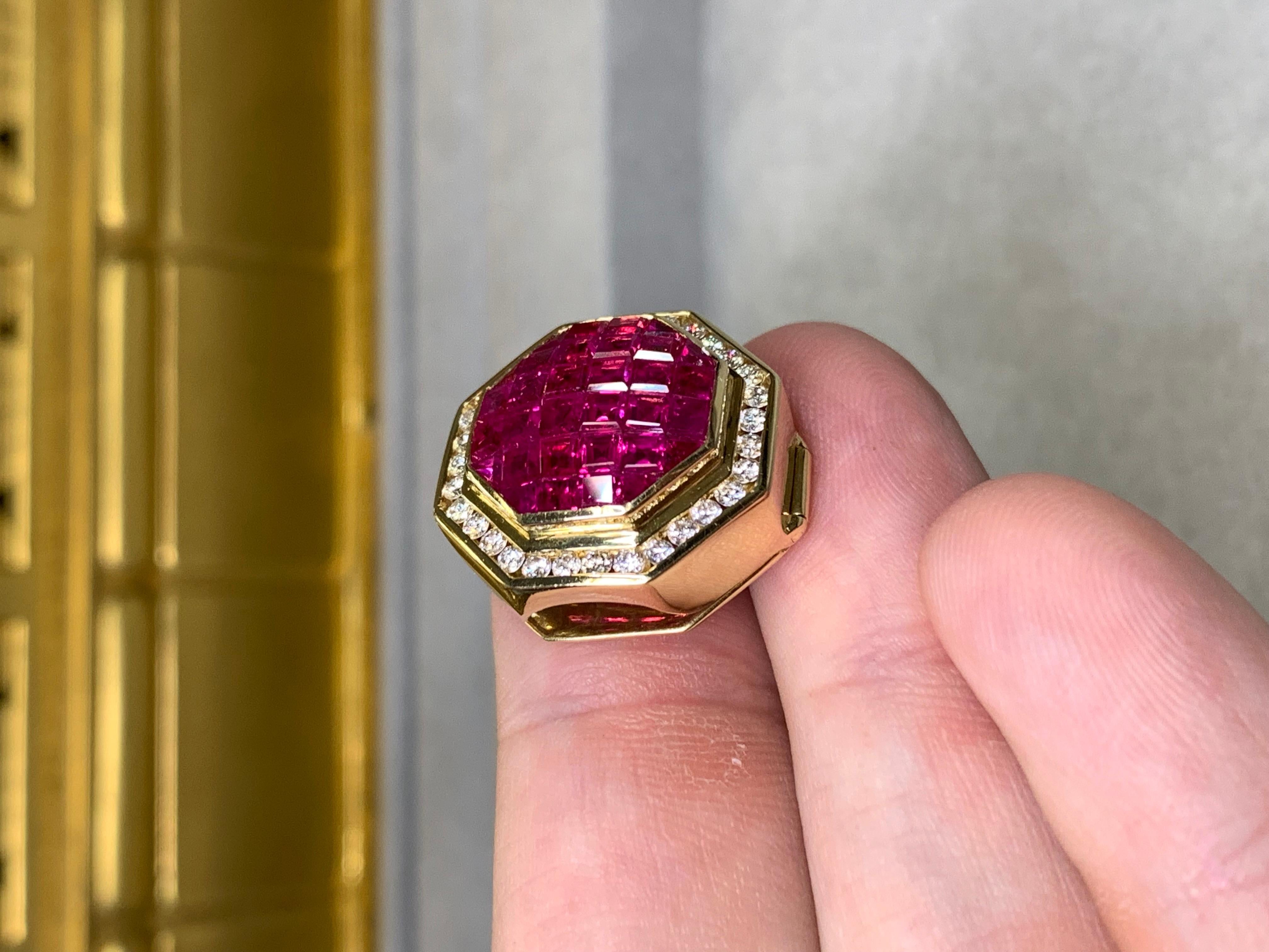 18K Invisibly Set Vivid Ruby Diamond Octagonal Slide Pendant Enhancer 5.21ctw en vente 2