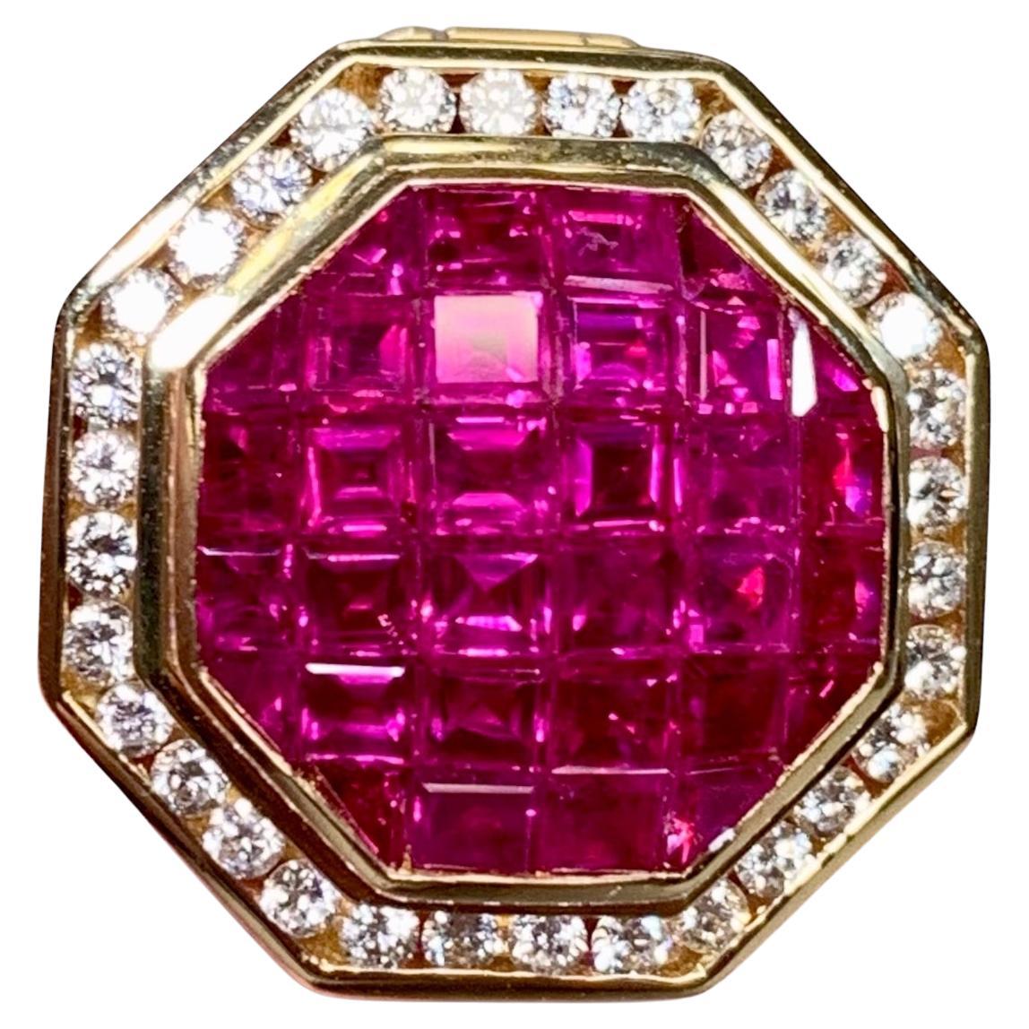 18K Invisibly Set Vivid Ruby Diamond Octagonal Slide Pendant Enhancer 5.21ctw en vente