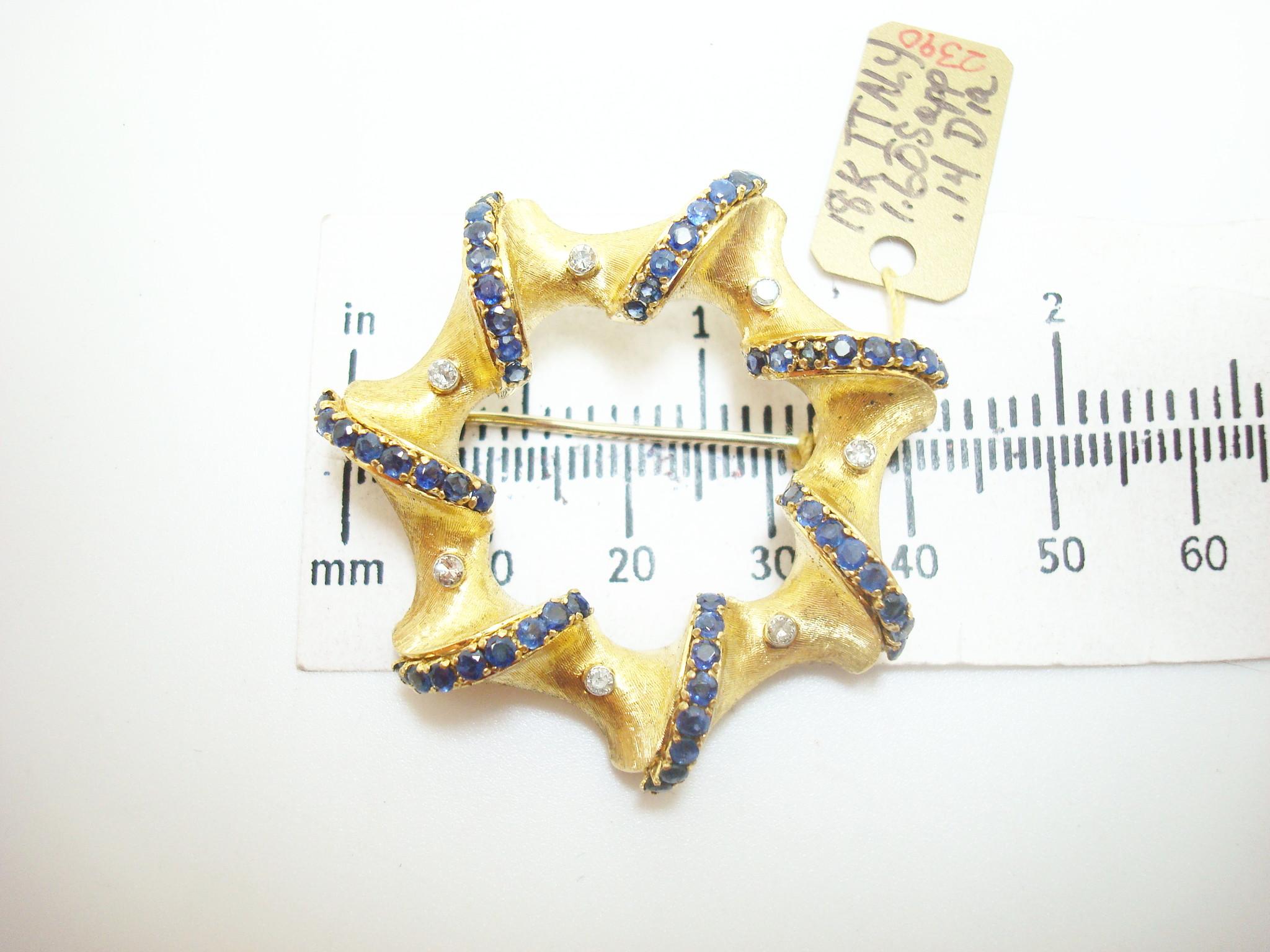Art Deco 18K Italian Brooch with Genuine Natural Blue Sapphires and Diamonds '#C2390' For Sale