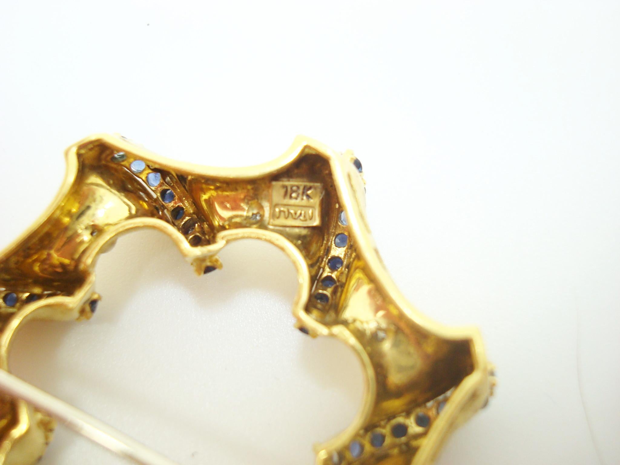 Round Cut 18K Italian Brooch with Genuine Natural Blue Sapphires and Diamonds '#C2390' For Sale