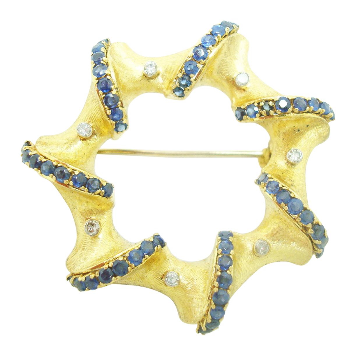 18K Italian Brooch with Genuine Natural Blue Sapphires and Diamonds '#C2390' For Sale