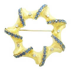 18K Italian Brooch with Genuine Natural Blue Sapphires and Diamonds '#C2390'
