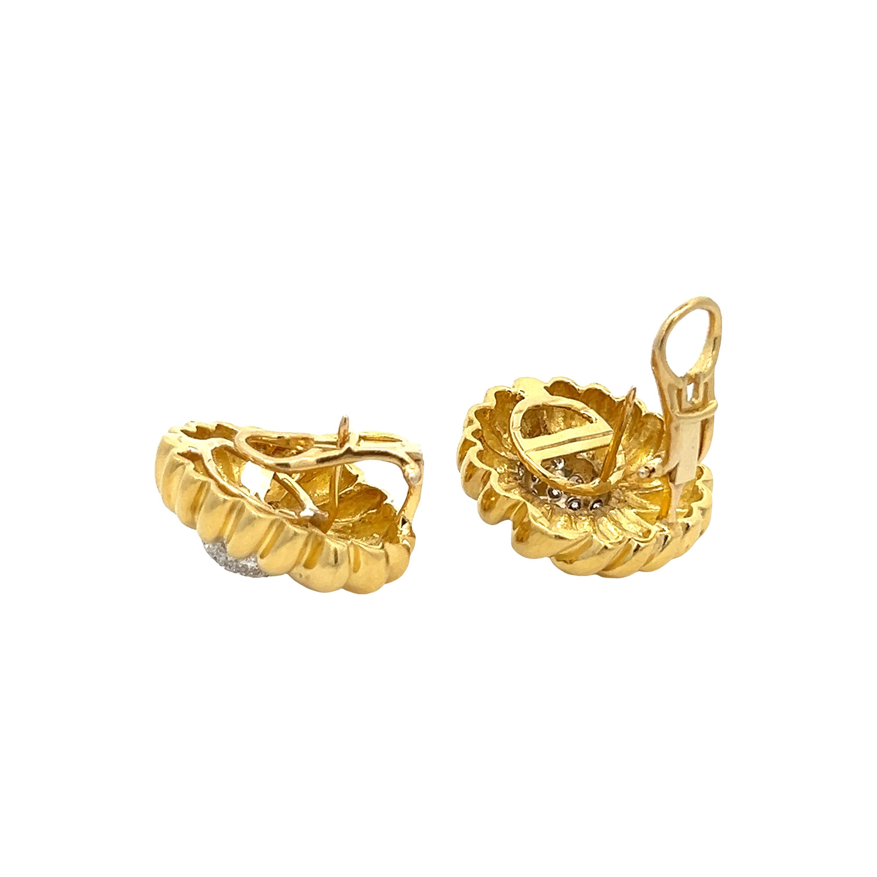 Round Cut 18K Italian Gold Classic Shrimp Design Clip-on Earrings with 1.55CT Diamonds For Sale