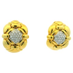 18K Italian Gold Puffed Earrings with Diamond Pavé, D’Angelo Atelier, 1990s