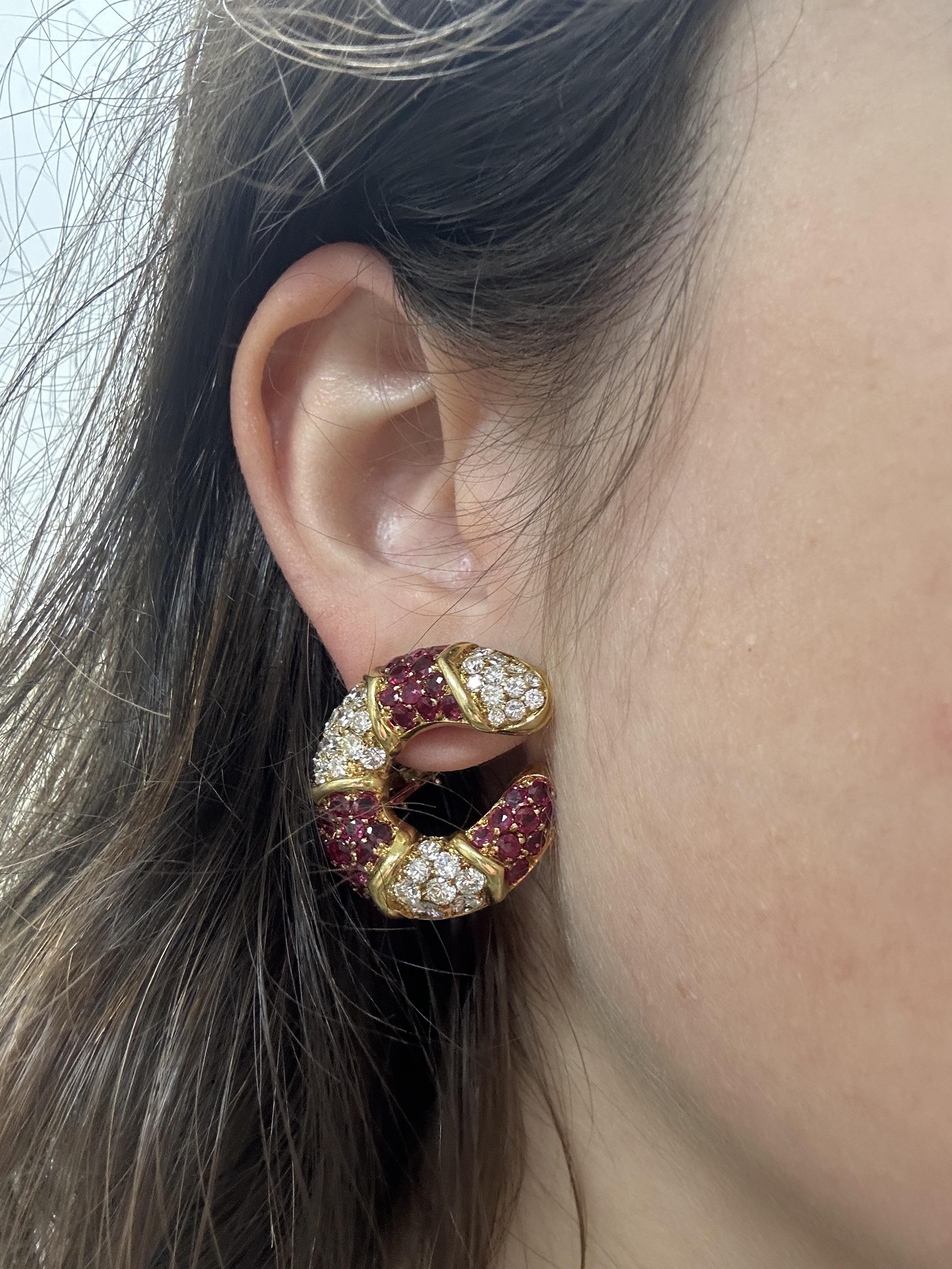 18k Italian Made Estate Diamond and Ruby Earrings In Good Condition For Sale In New York, NY