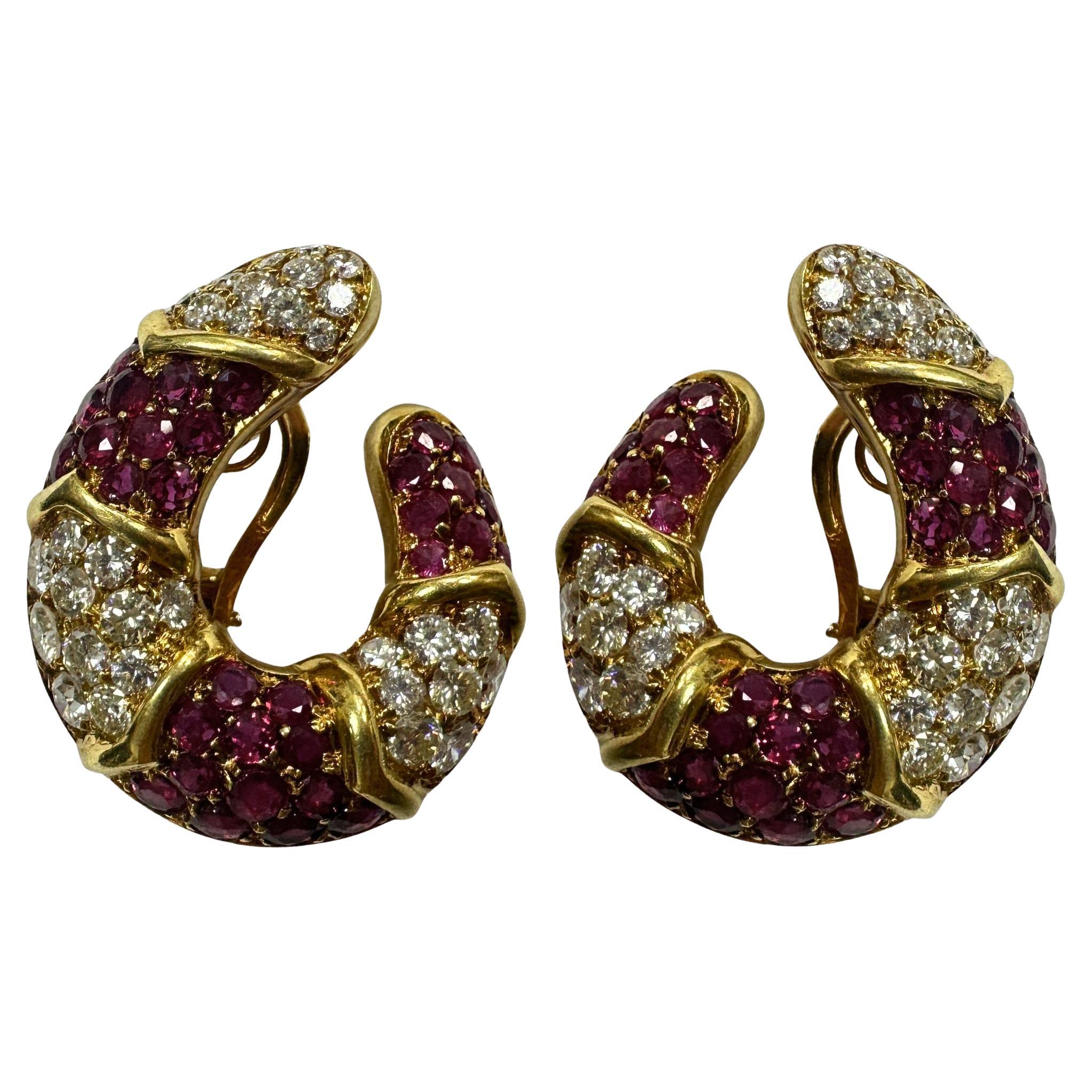18k Italian Made Estate Diamond and Ruby Earrings For Sale