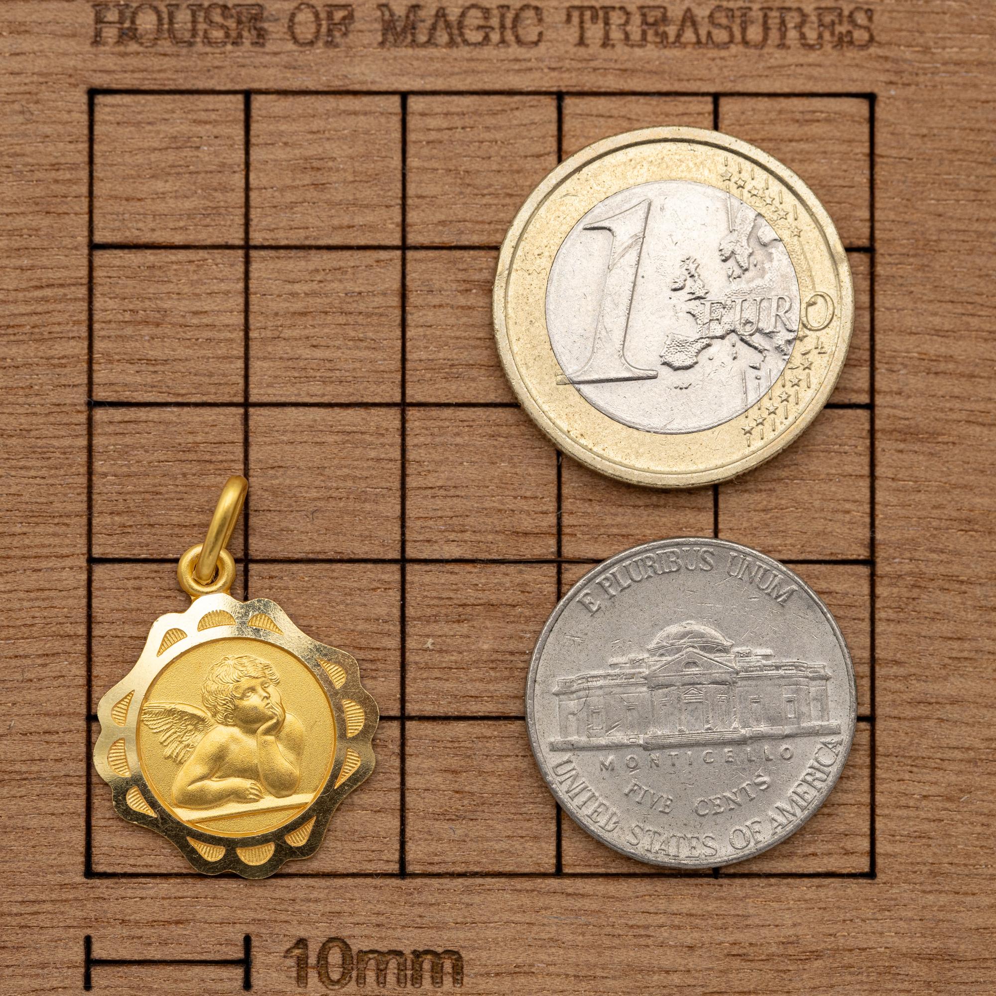 Women's or Men's 18k Italian Vintage cherub charm pendant - Angel medallion - solid yellow gold