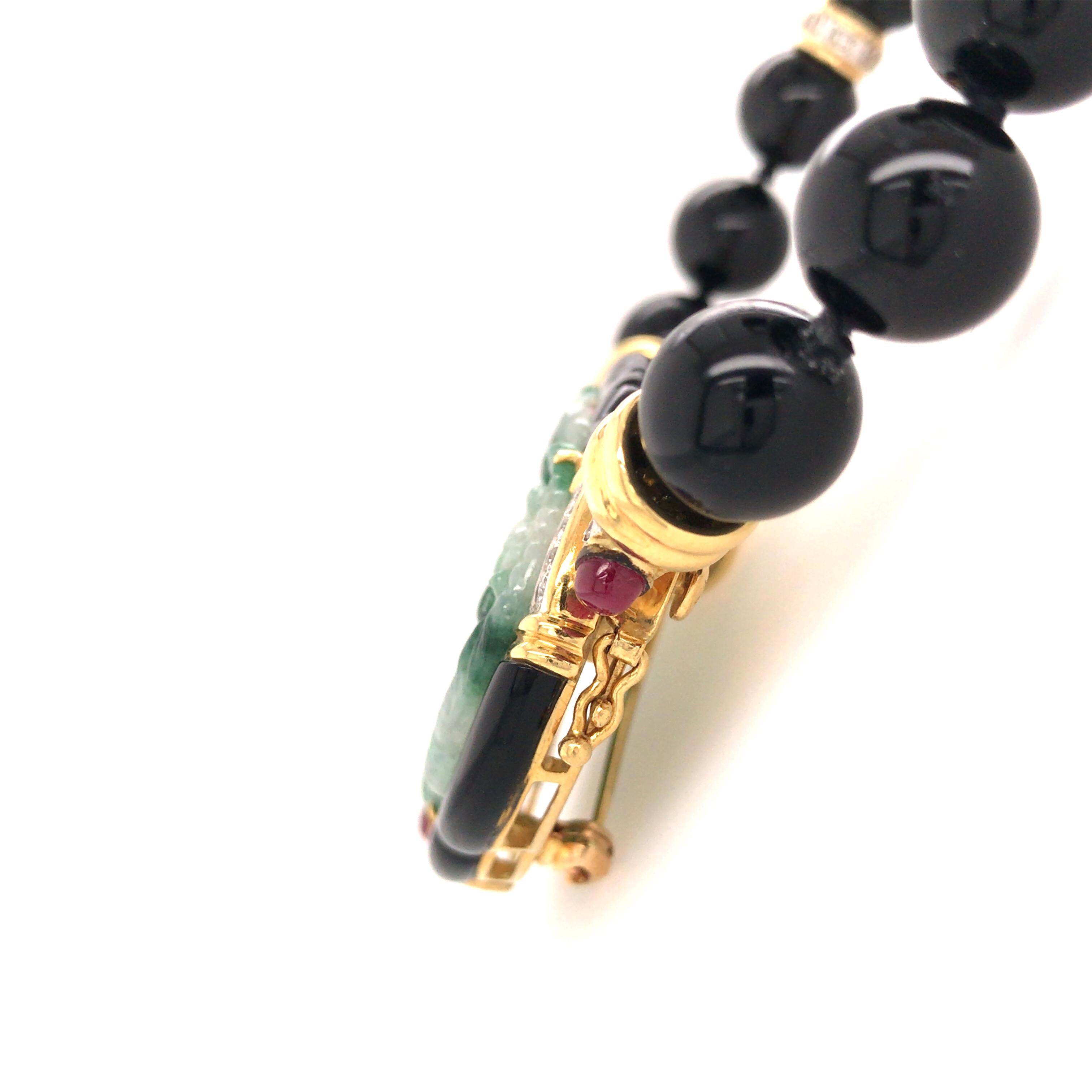 18 Karat Jade, Ruby, Onyx and Diamond Pin/Enhancer/Necklace Yellow Gold For Sale 5