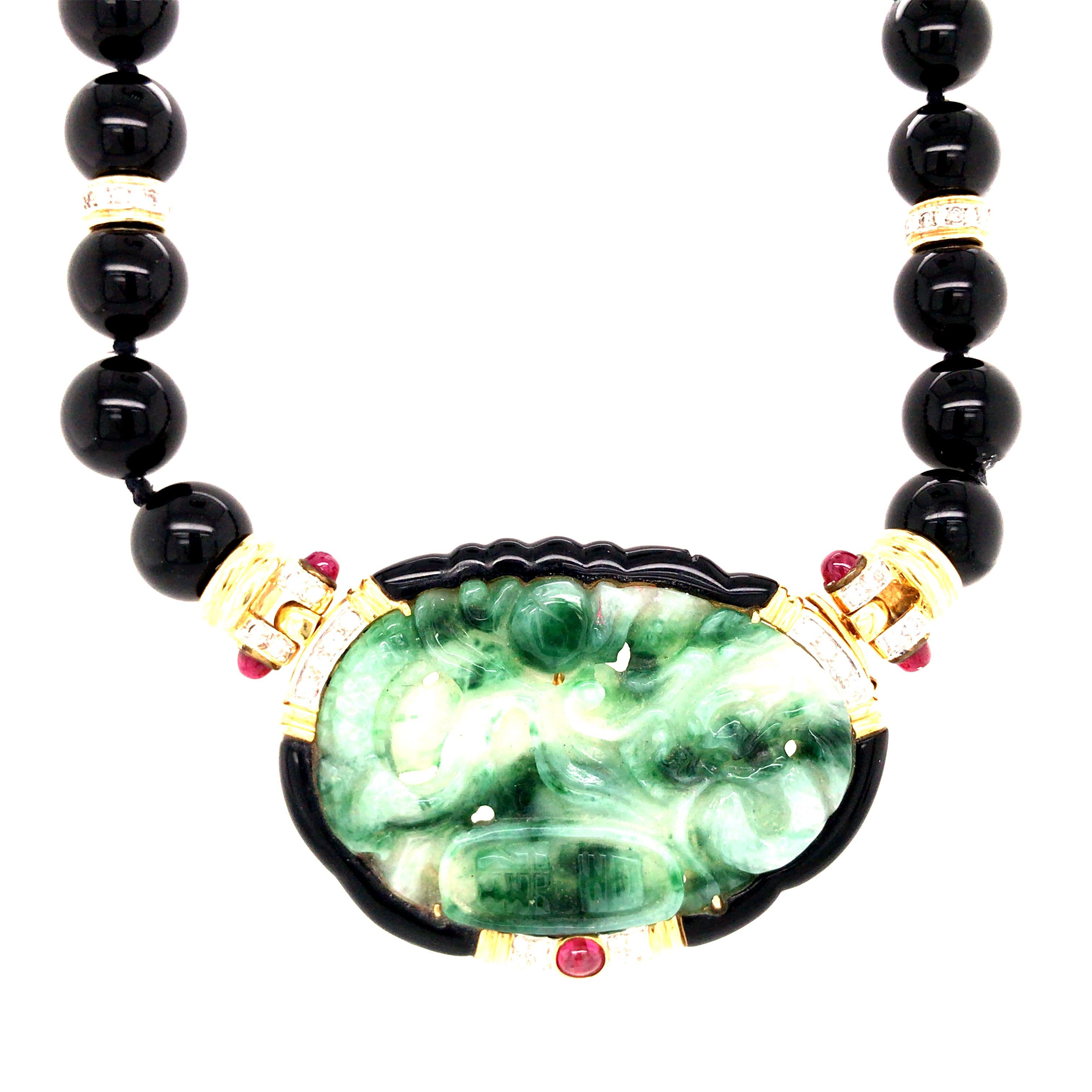 Round Cut 18 Karat Jade, Ruby, Onyx and Diamond Pin/Enhancer/Necklace Yellow Gold For Sale