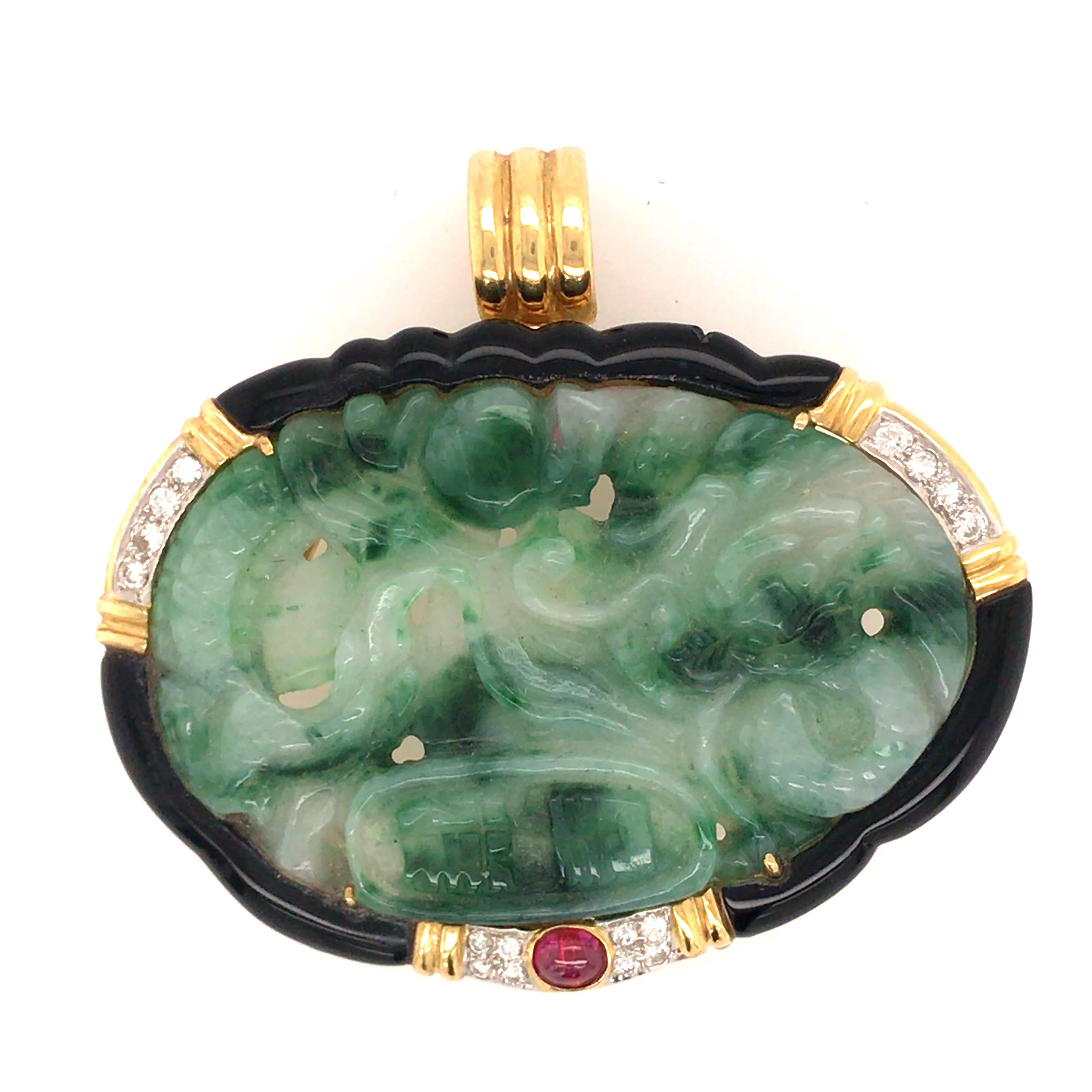 18 Karat Jade, Ruby, Onyx and Diamond Pin/Enhancer/Necklace Yellow Gold In Good Condition For Sale In Boca Raton, FL