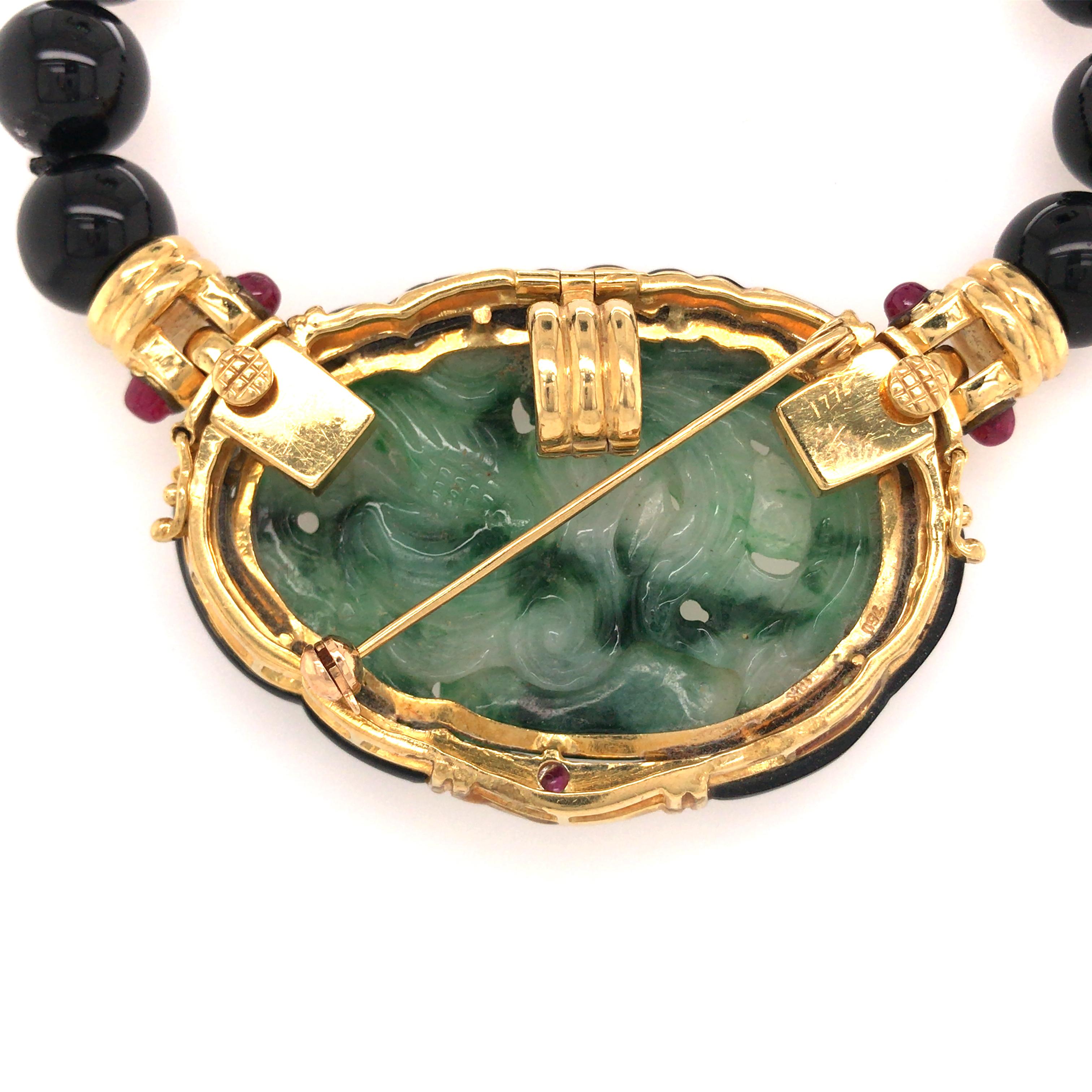 18 Karat Jade, Ruby, Onyx and Diamond Pin/Enhancer/Necklace Yellow Gold For Sale 1