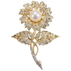 Vintage 18K J.E. Caldwell Diamond Pearl Flower Pin Brooch Yellow Gold Cultured Pearl