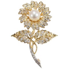 18K J.E. Caldwell Diamond Pearl Flower Pin Brooch Yellow Gold Cultured Pearl