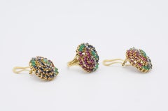 18K Jewelery Set Ring with Clip-On Earrings Ruby, Sapphire, Emerald, Brilliant