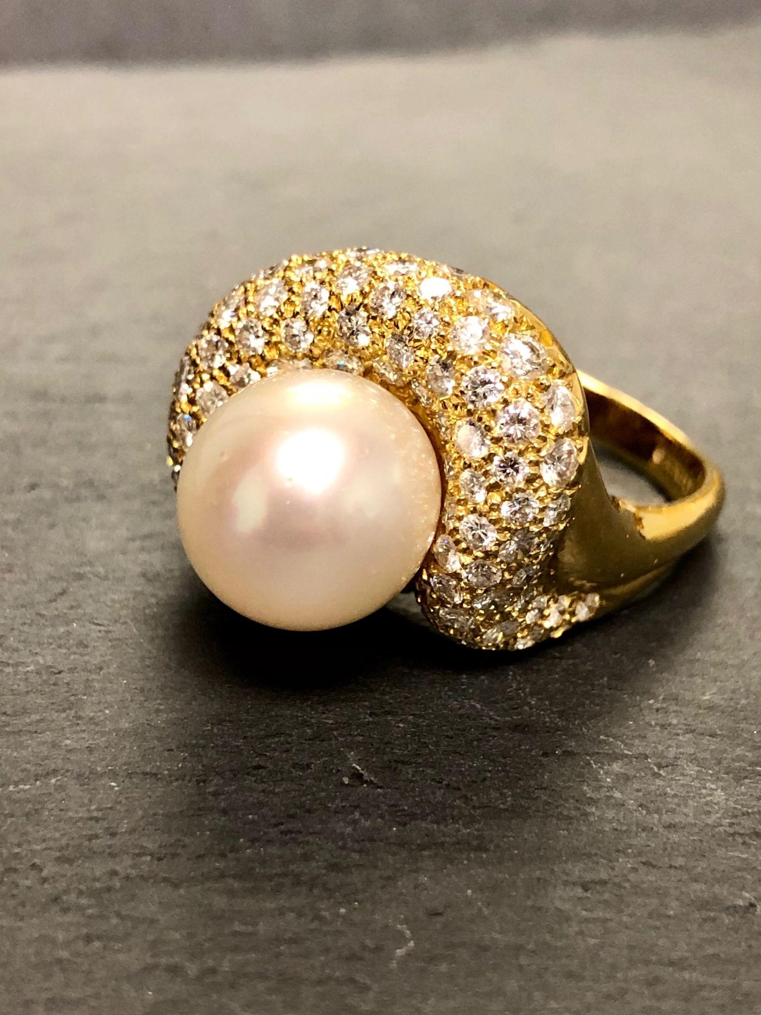 Round Cut 18K Jose Hess Diamond South Sea Pearl Cocktail Ring For Sale