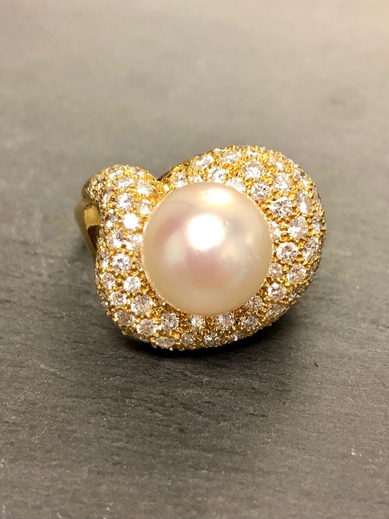 Women's or Men's 18K Jose Hess Diamond South Sea Pearl Cocktail Ring For Sale
