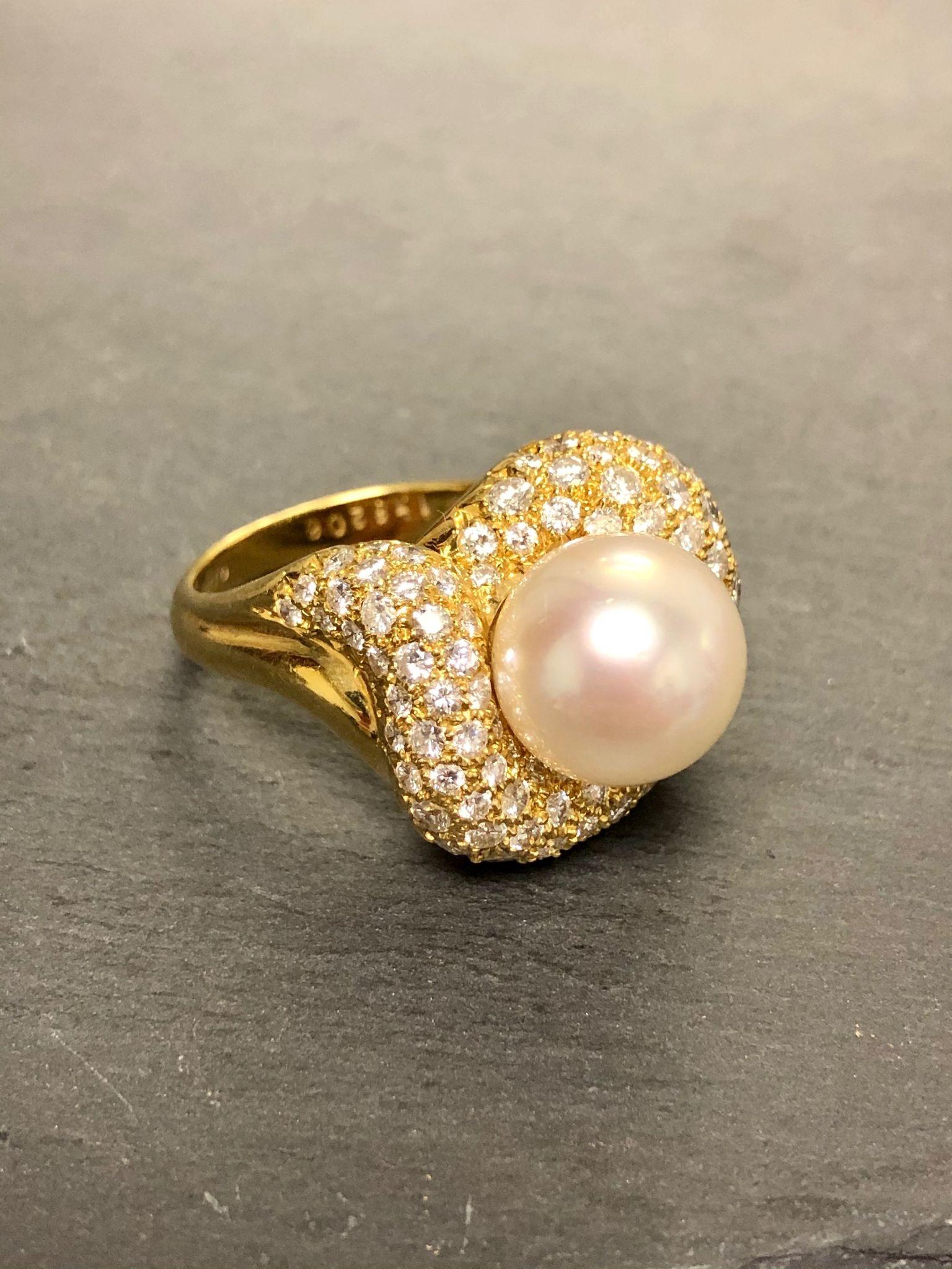 Women's or Men's 18K Jose Hess Diamond South Sea Pearl Cocktail Ring For Sale