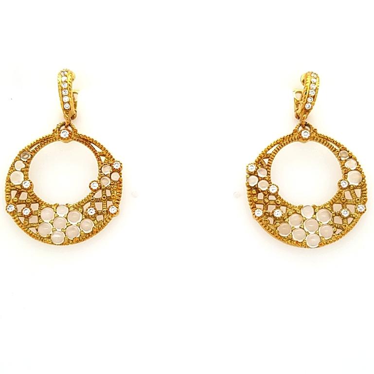 Round Cut 18 Karat Judith Ripka Diamond and Moonstone Earrings Yellow Gold