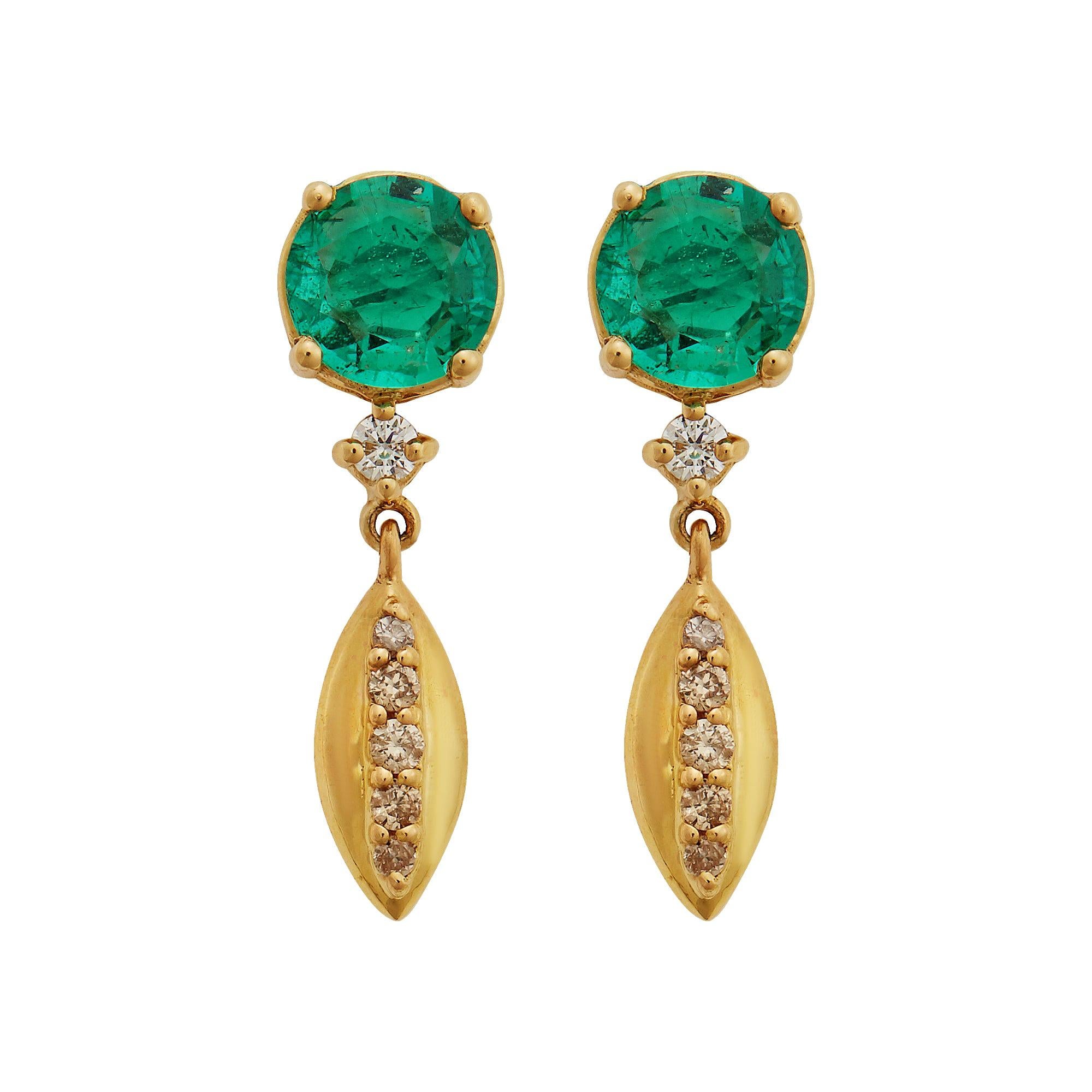 18k Karat Gold, Emerald & Diamond Dewdrop Earrings For Sale
