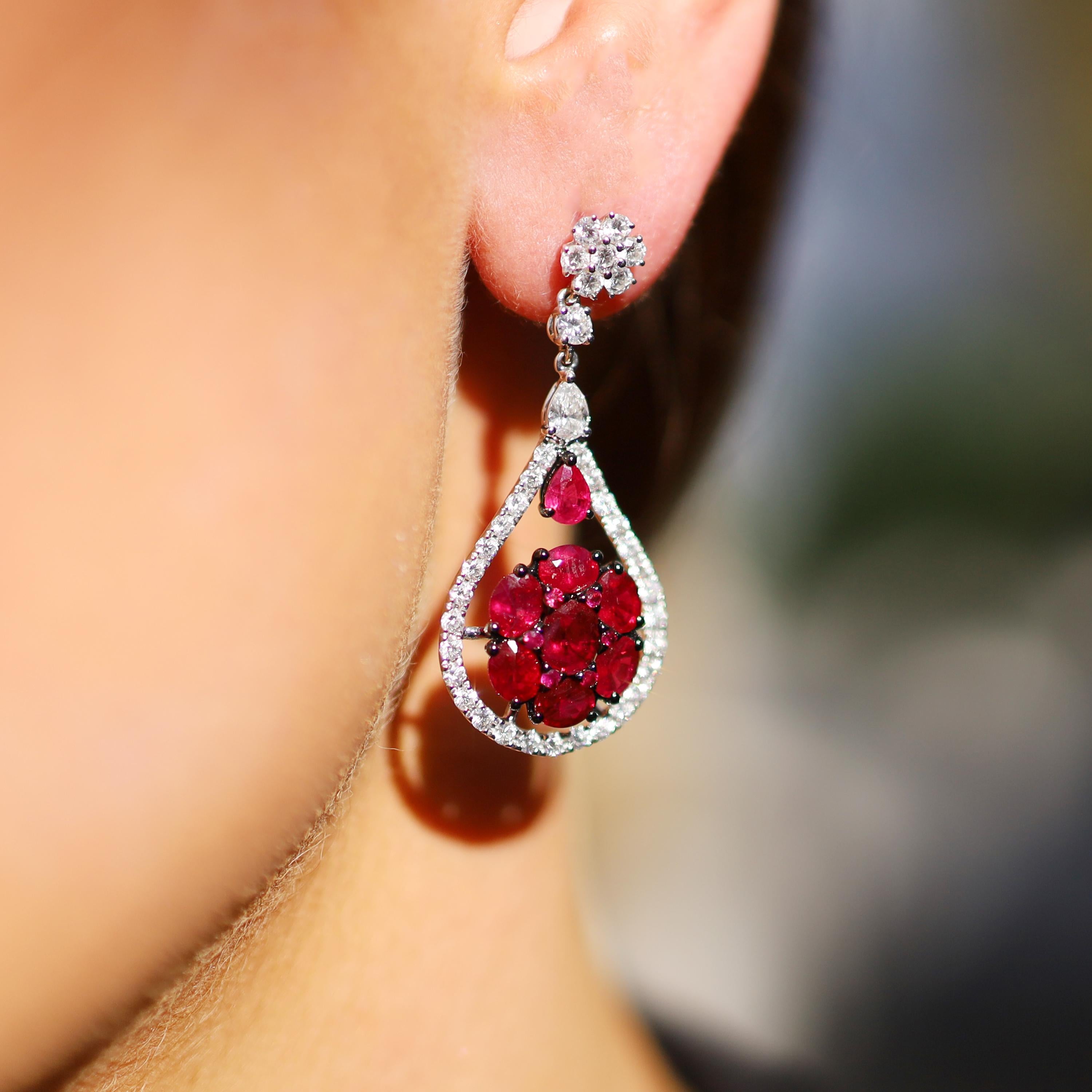 18 Karat White Gold 28 0.2 Karat Ruby 74 0.025 Karat Diamond Drop Earrings In New Condition For Sale In Newstead, QLD