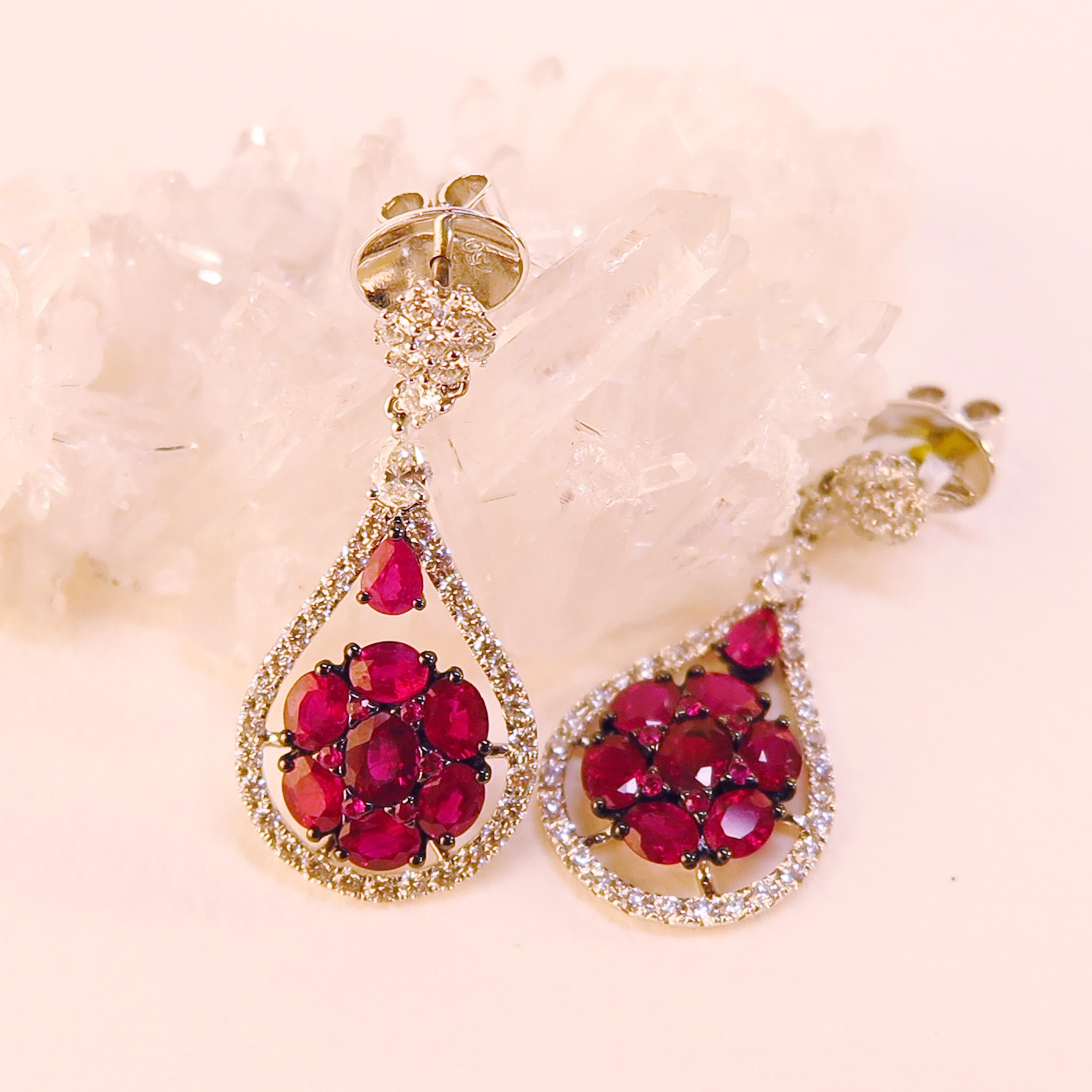 TGW 8.1K Karat Ruby, Diamond and White Gold Drop Earrings 