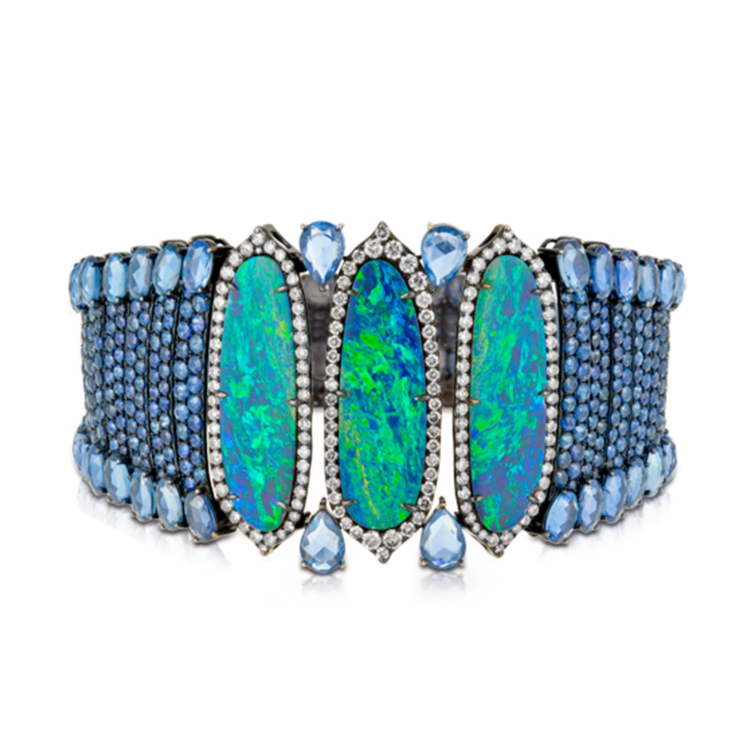 18k White Gold 8.9 Karat Opal 0.9 Karat Sapphire 0.01 Karat Diamond Bracelet For Sale