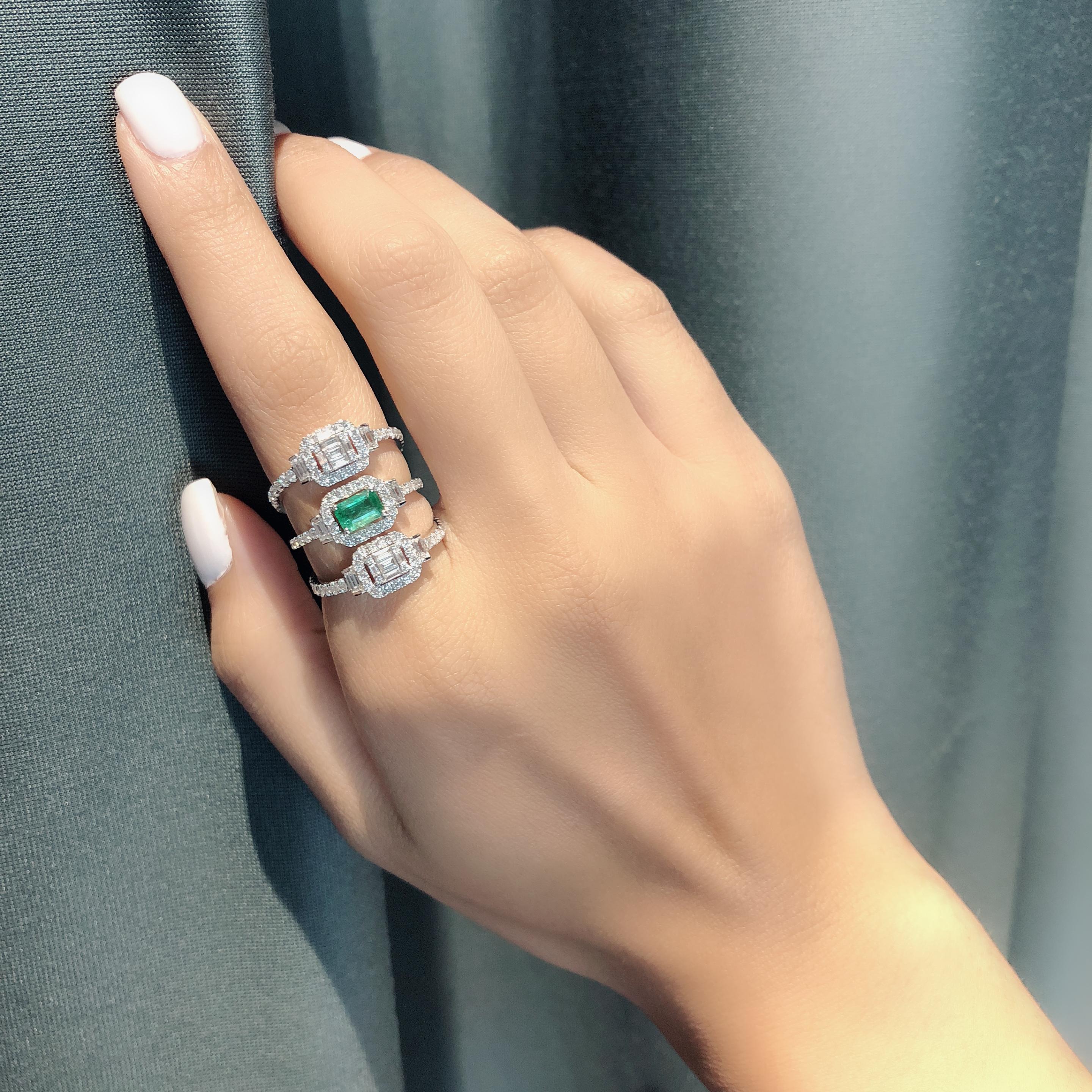 Emerald Cut 18K Karat White Gold Gilin Emerald and Diamond Ring in 18 Karat White Gold
