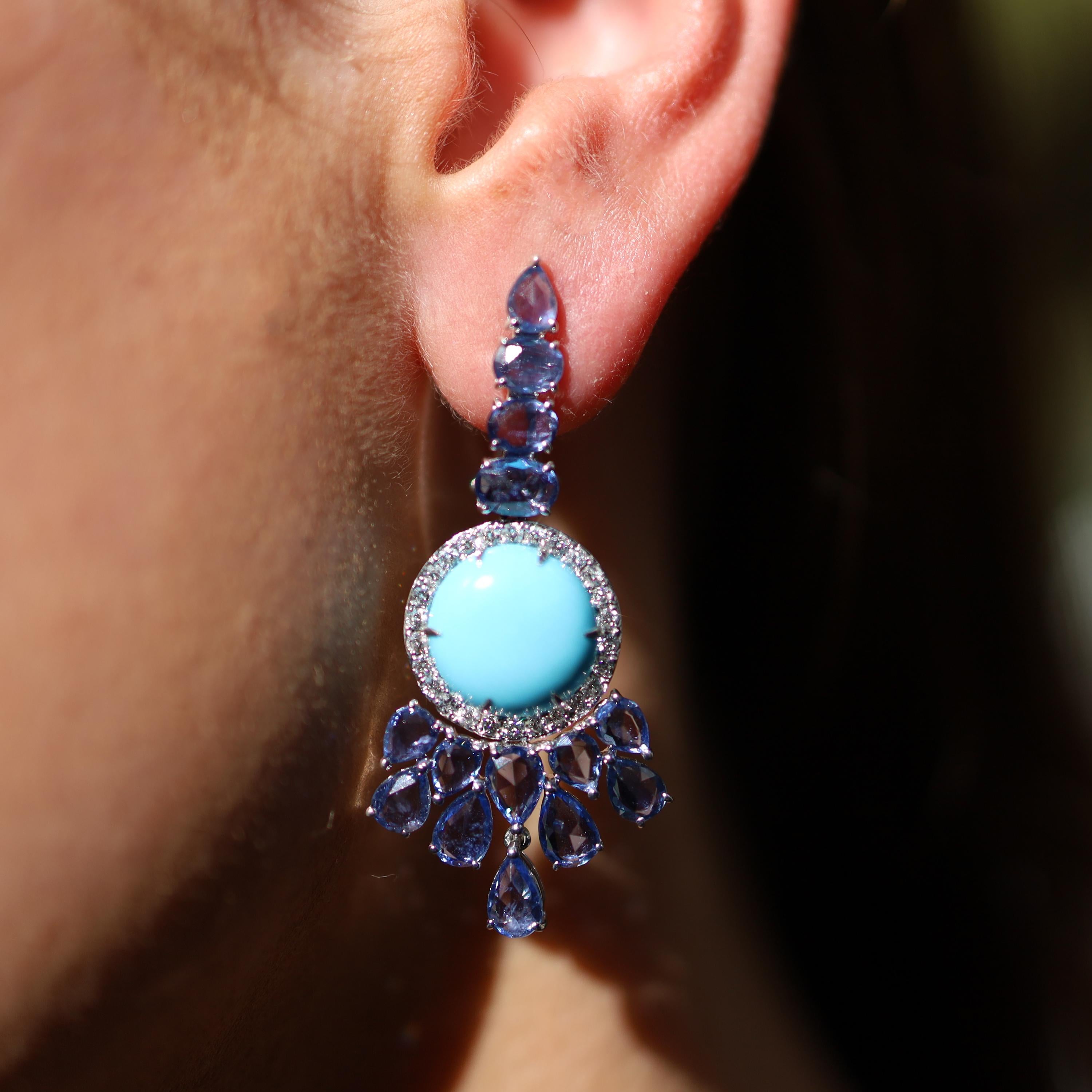 18 Karat White Gold Sapphire Diamond Turquoise Drop Earrings In New Condition For Sale In Newstead, QLD