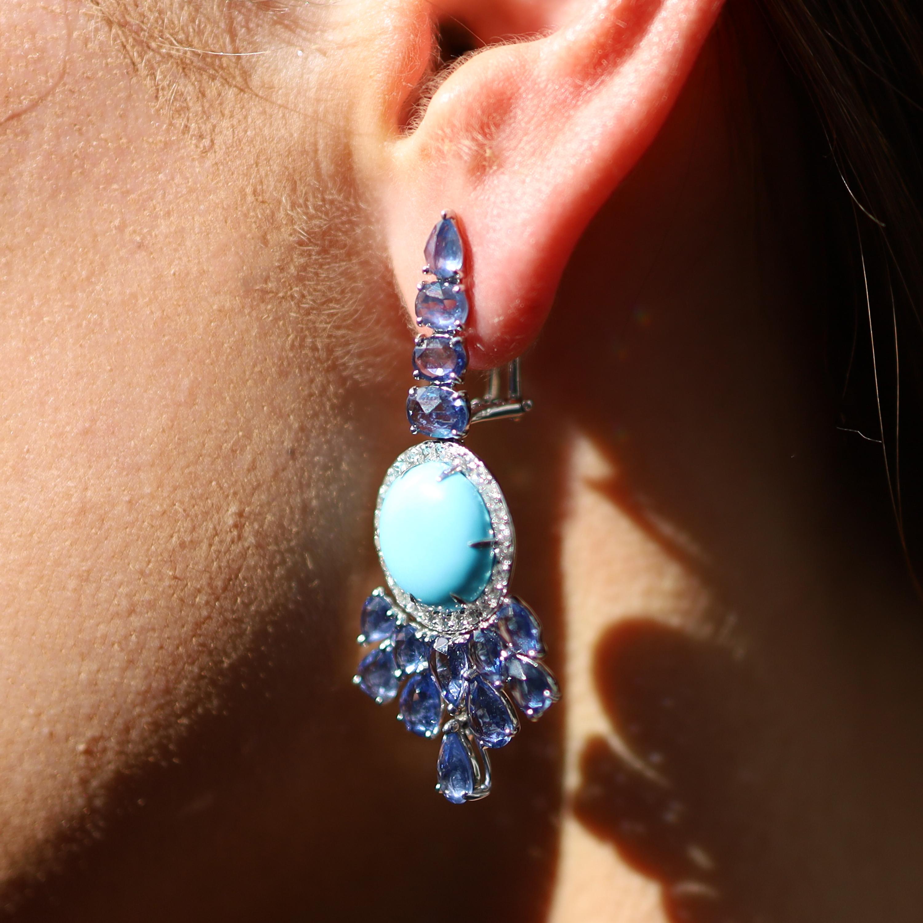 Women's 18 Karat White Gold Sapphire Diamond Turquoise Drop Earrings For Sale
