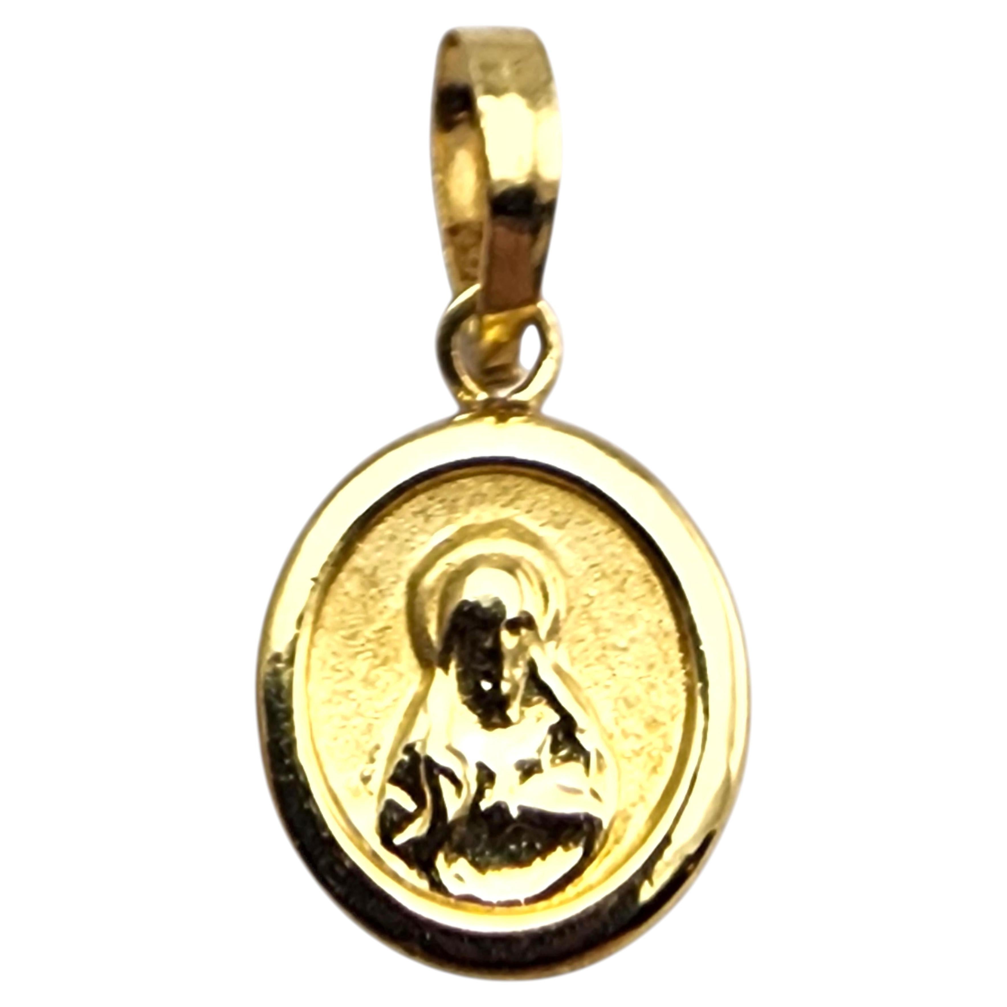 18K Karat Yellow Gold Tiny Blessed Mother Charm Pendant #24232 For Sale