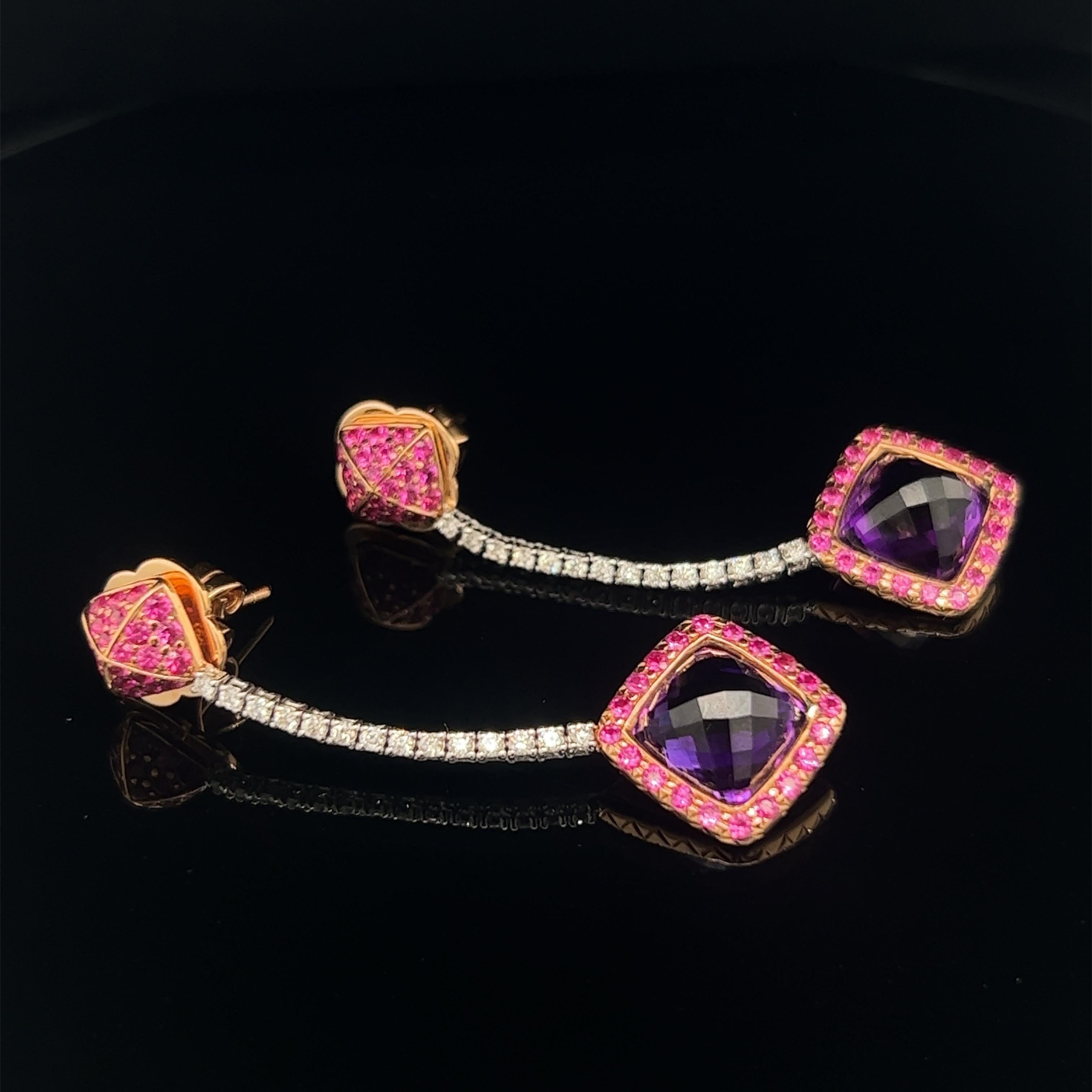 Boucles d'oreilles Krementz 18k Améthyste Diamant Rubis Excellent état - En vente à Austin, TX