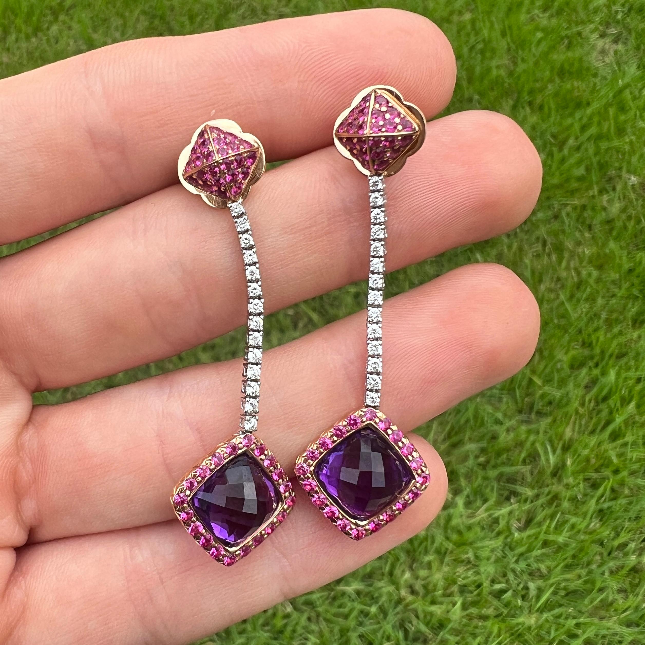 18k Krementz Amethyst Diamond Ruby Earrings In Excellent Condition For Sale In Austin, TX