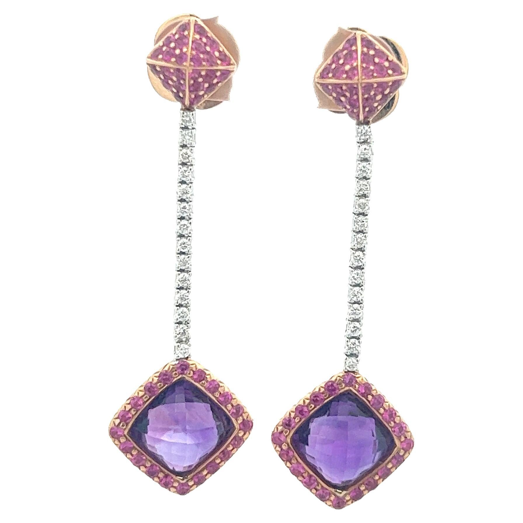 18k Krementz Amethyst Diamond Ruby Earrings For Sale