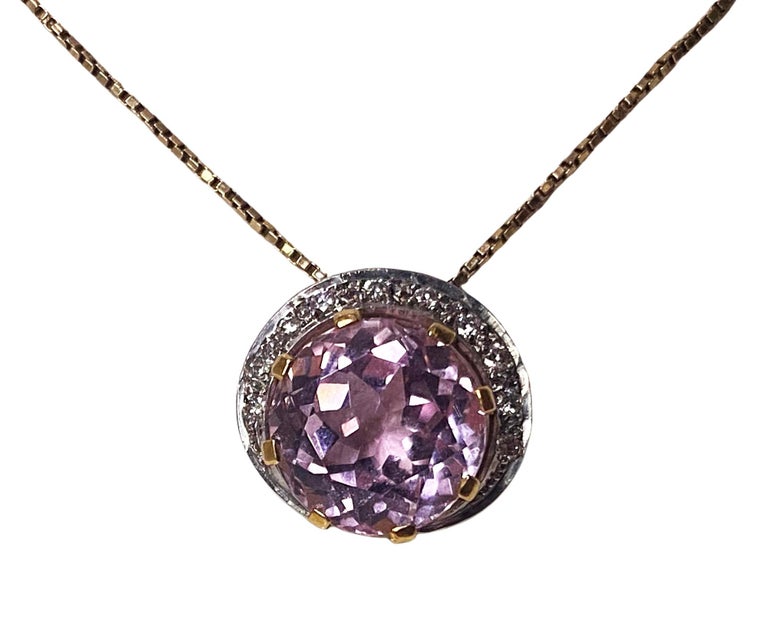 Mixed Cut 18k Kunzite and Diamond Pendant with 18k Chain For Sale