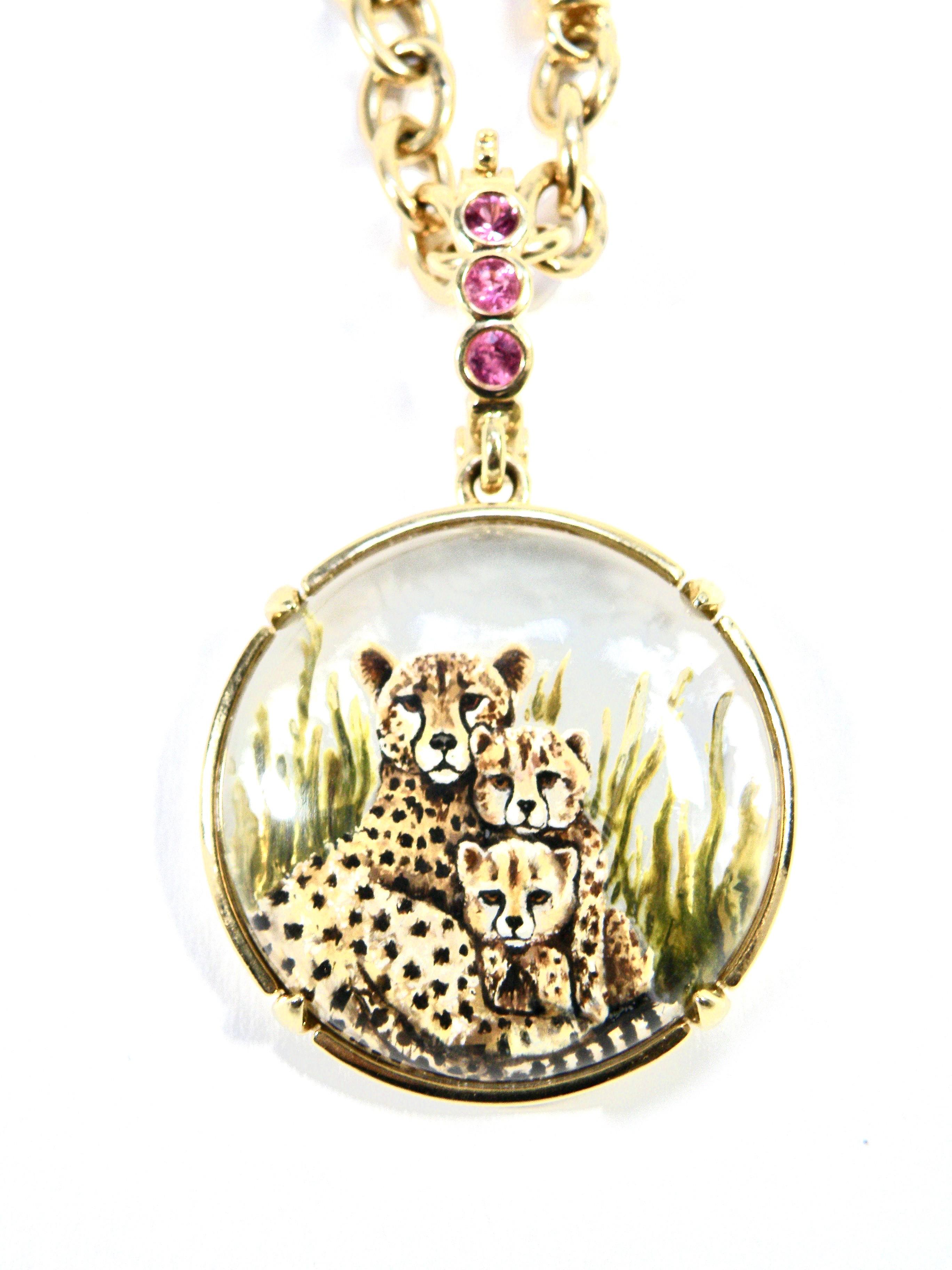 Contemporary 18k, L. Hand Painted Cheetah w Two Cubs Enhancer. Reverse Crystal, Sapphire Bail For Sale