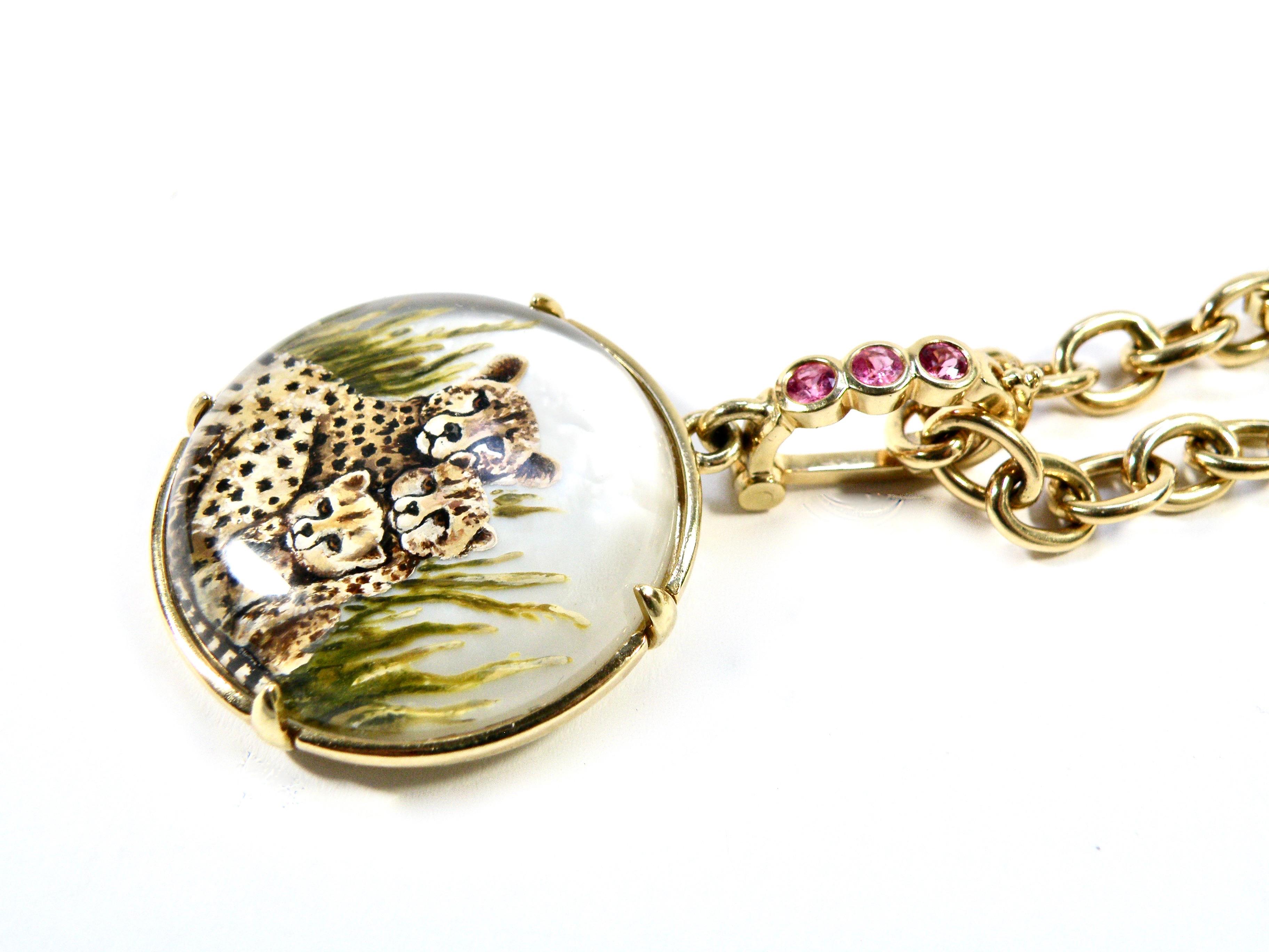 18k, L. Hand Painted Cheetah w Two Cubs Enhancer. Reverse Crystal, Sapphire Bail In New Condition For Sale In Cohasset, MA