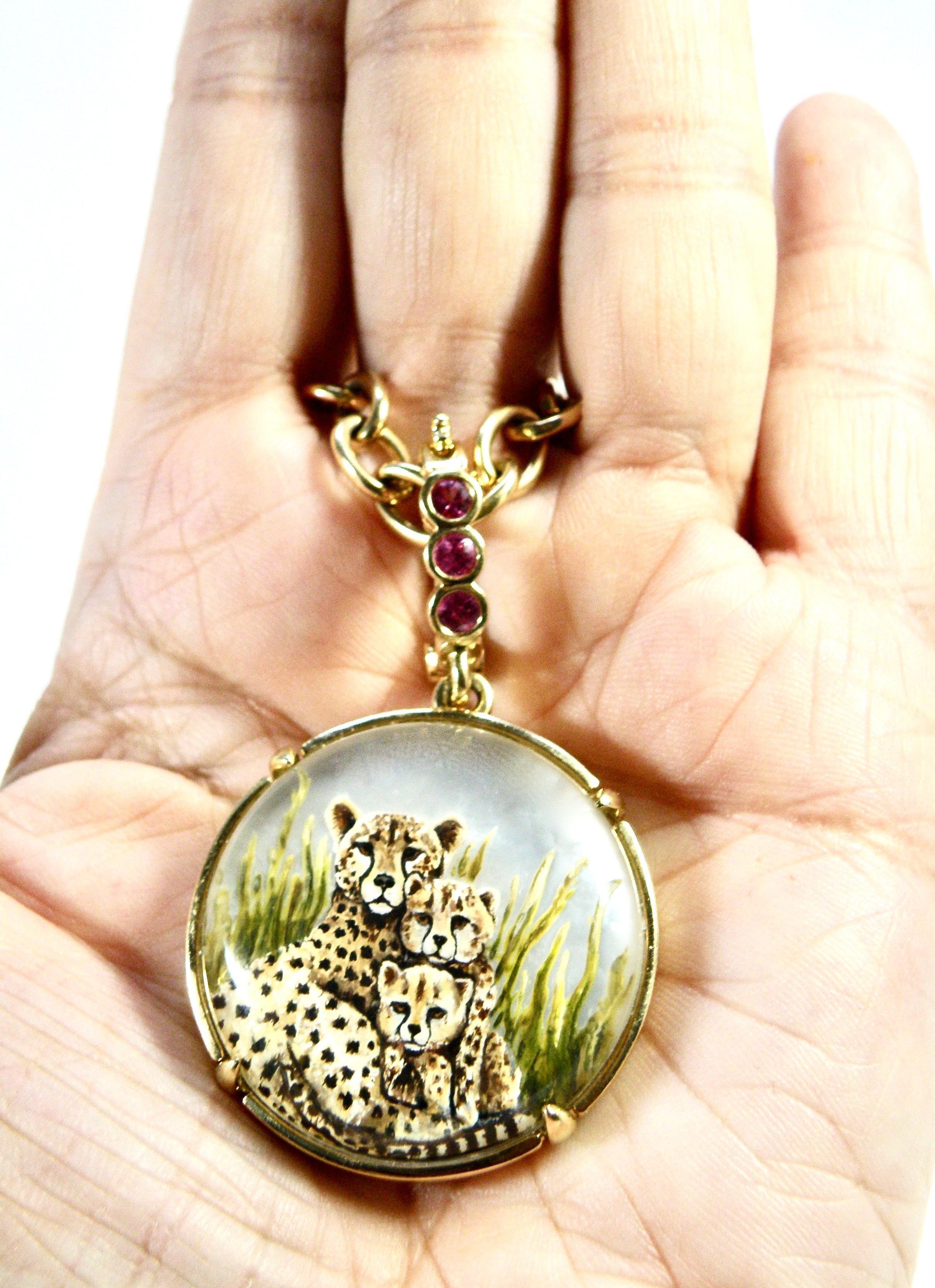 Women's or Men's 18k, L. Hand Painted Cheetah w Two Cubs Enhancer. Reverse Crystal, Sapphire Bail For Sale