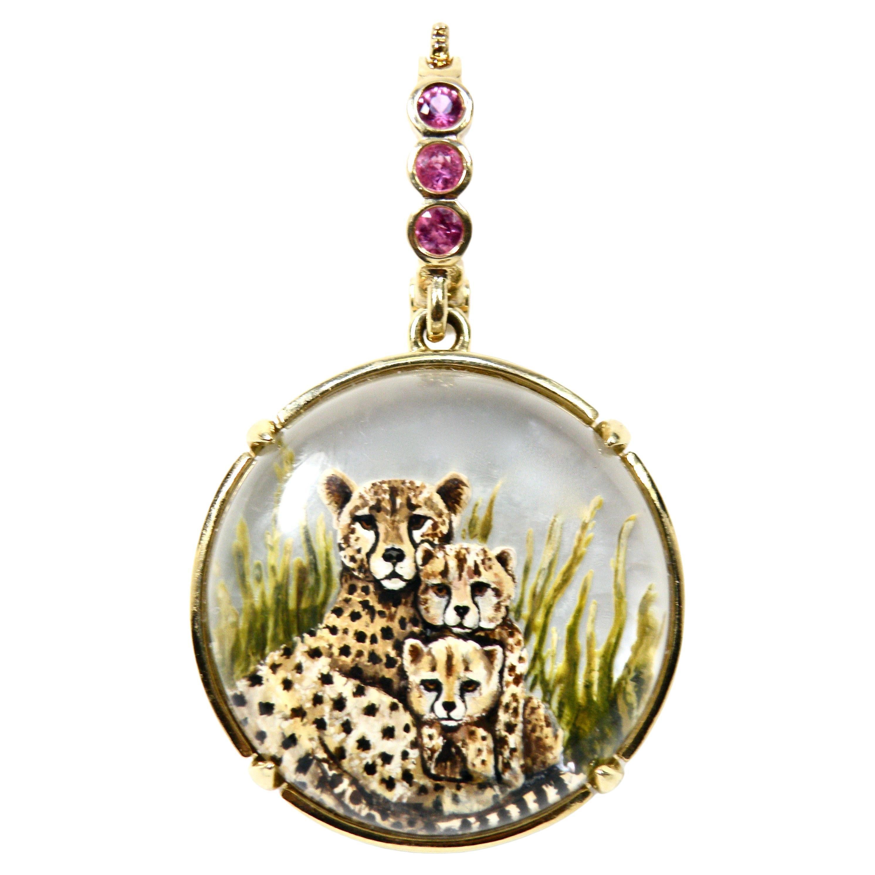 18k, L. Hand Painted Cheetah w Two Cubs Enhancer. Reverse Crystal, Sapphire Bail For Sale