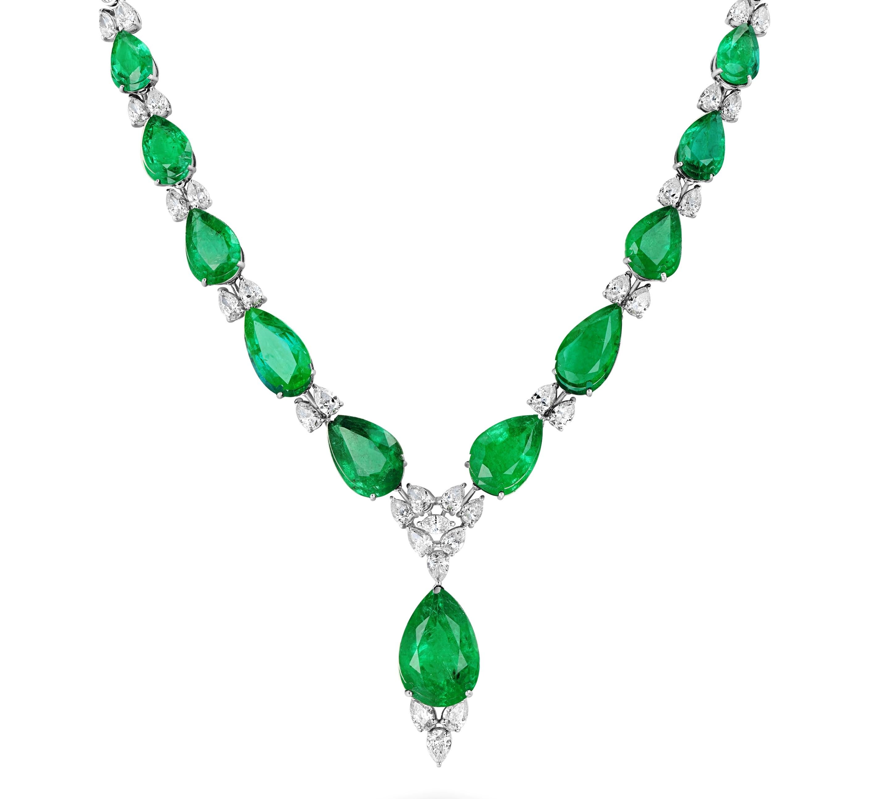 Modern 18K Ladies Chandelier Emerald and Diamonds Necklace For Sale