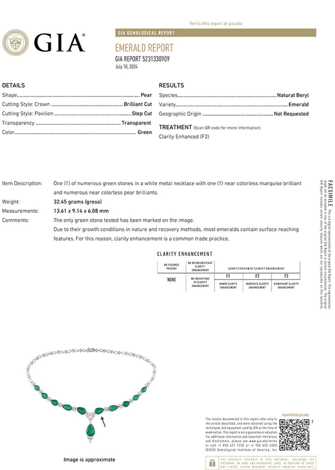 Pear Cut 18K Ladies Chandelier Emerald and Diamonds Necklace For Sale