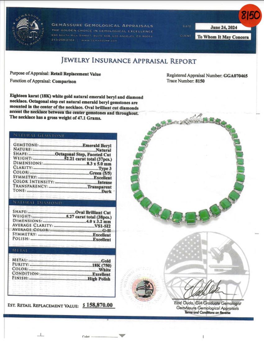 
Article n° 8150

Collier d'émeraudes pour dames 18K 52.21ct Emeraude 5.27ct Diamants. Collier en or blanc 18 carats (18K) en émeraude naturelle, béryl et diamant. 
Des pierres précieuses béryl émeraude naturelles de taille octogonale sont montées