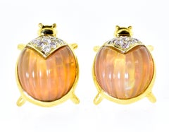 18K Lady Bug Earrings with fine Diamonds and Translucent Agate.