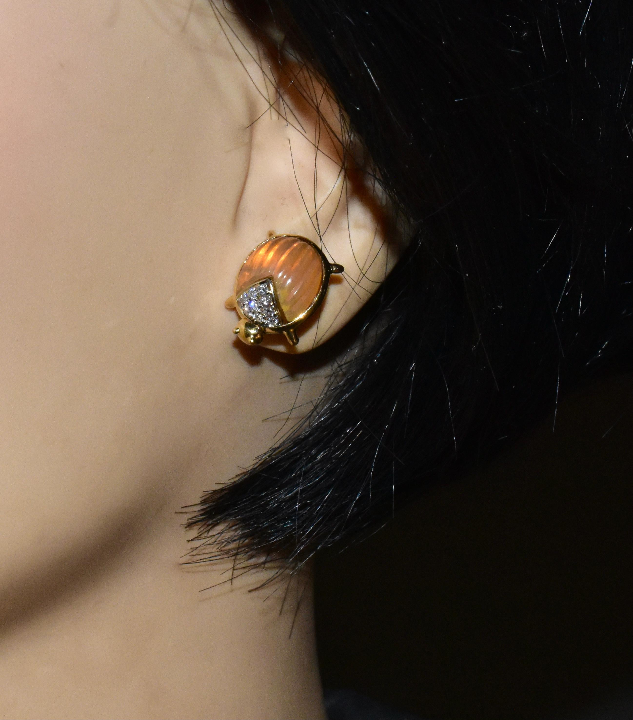 Contemporary 18K Lady Bug Earrings with fine Diamonds and Translucent Agate.
