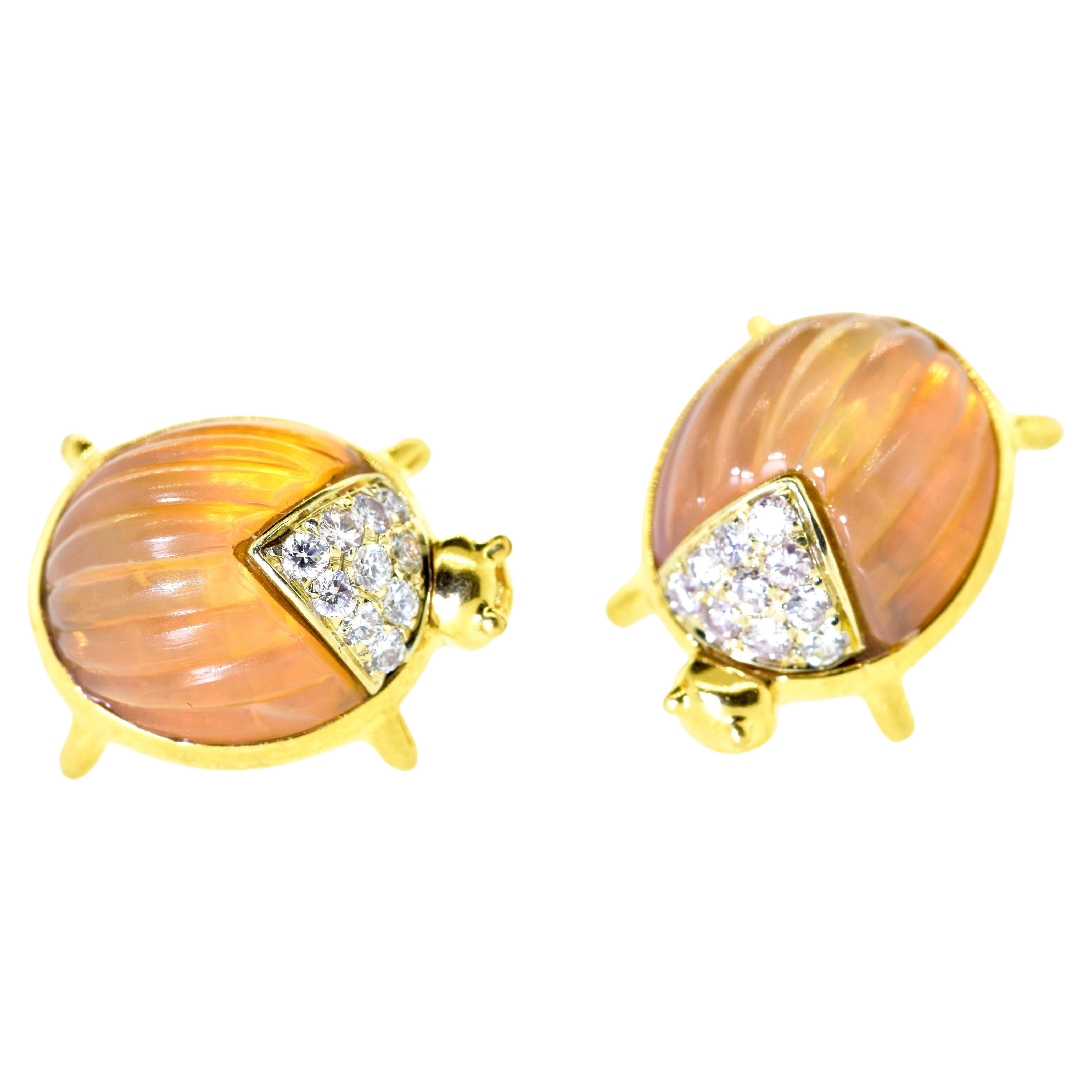 18K Lady Bug Earrings with fine Diamonds and Translucent Agate.