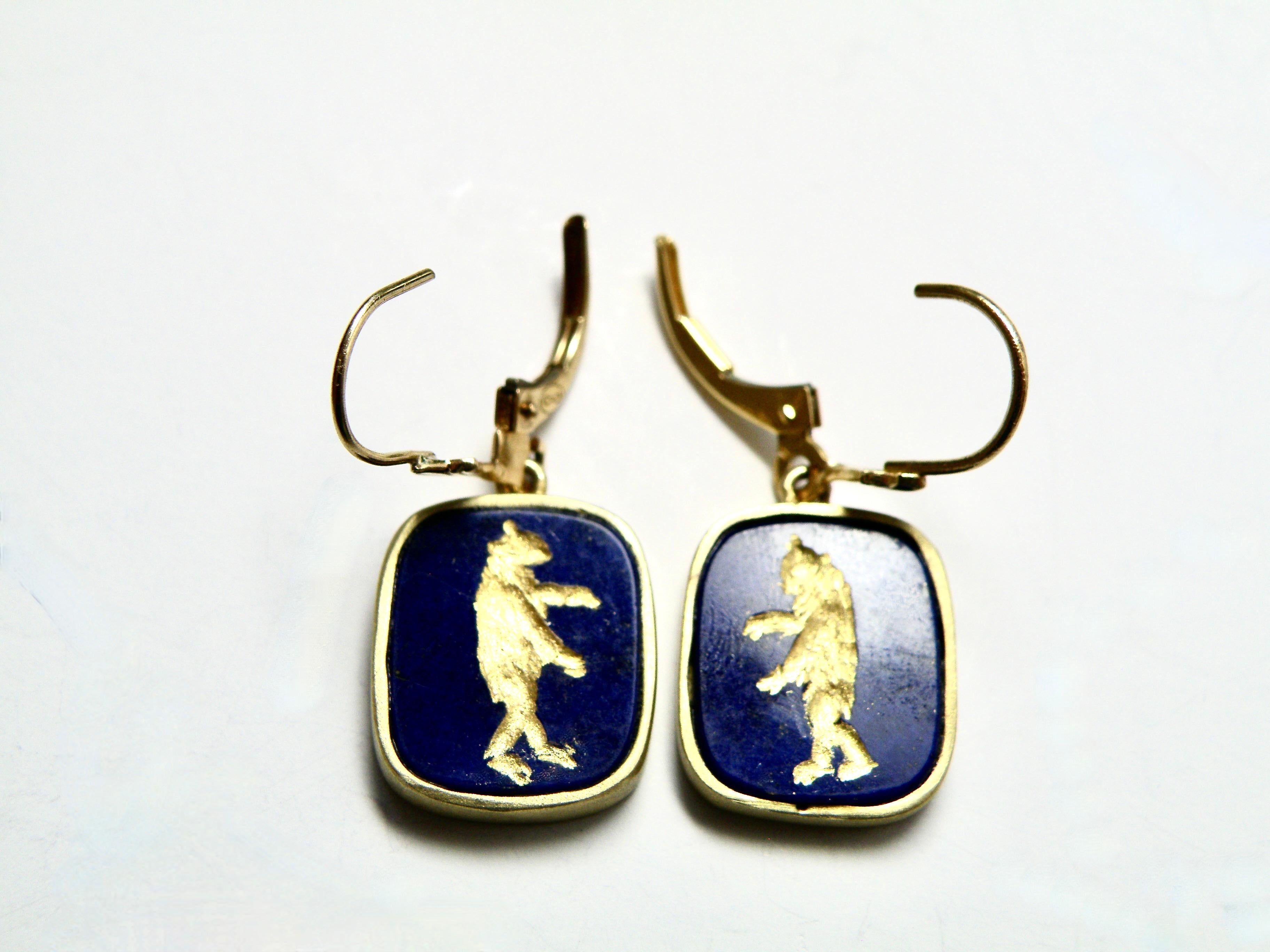 18 karat Carved lapis Lazuli Bears 12x14 mm with gold paint inlay french wire drop earrings