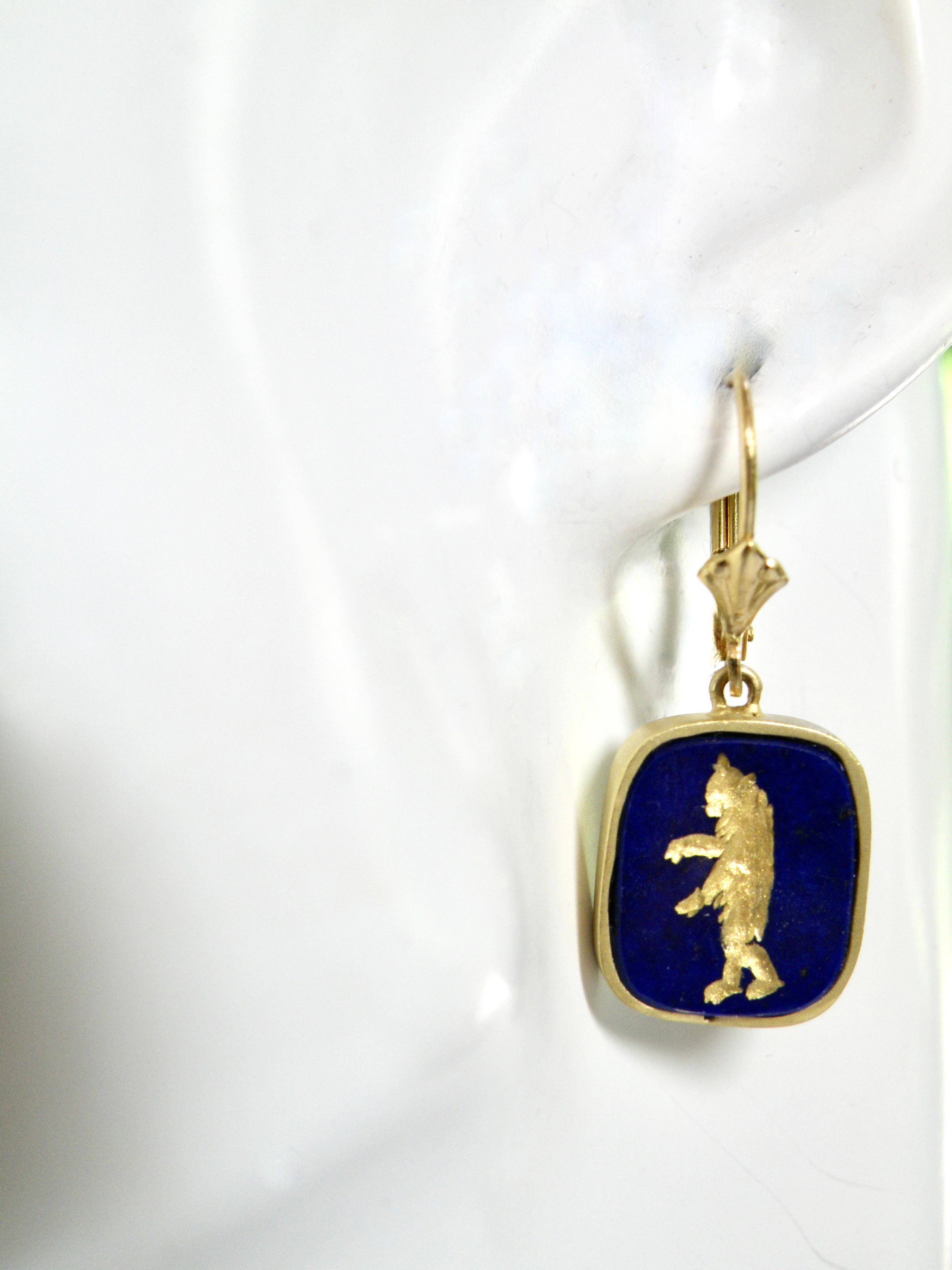 Contemporary 18k lapis earrings. Carved Gold Intaglio bears