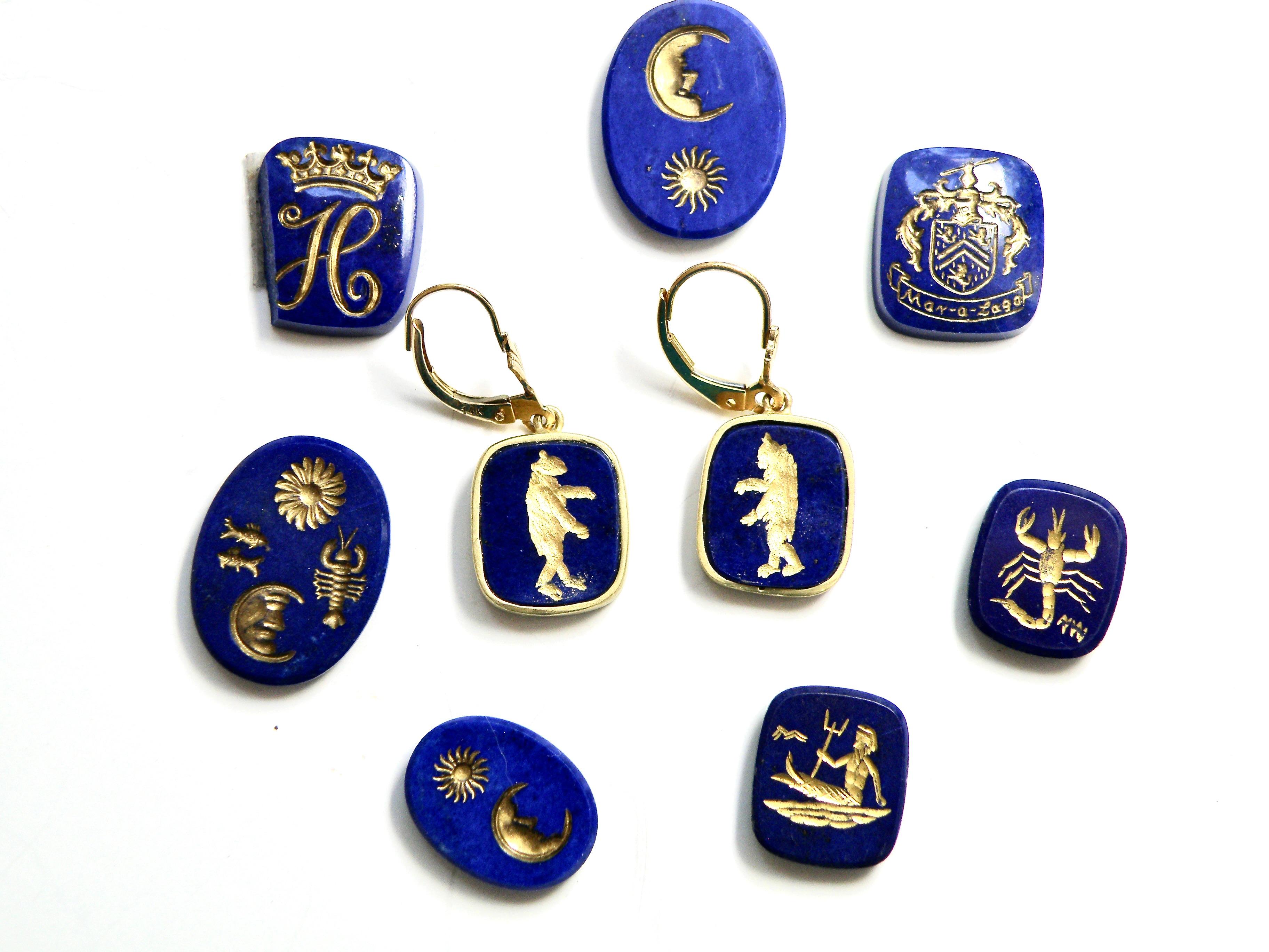 Women's or Men's 18k lapis earrings. Carved Gold Intaglio bears